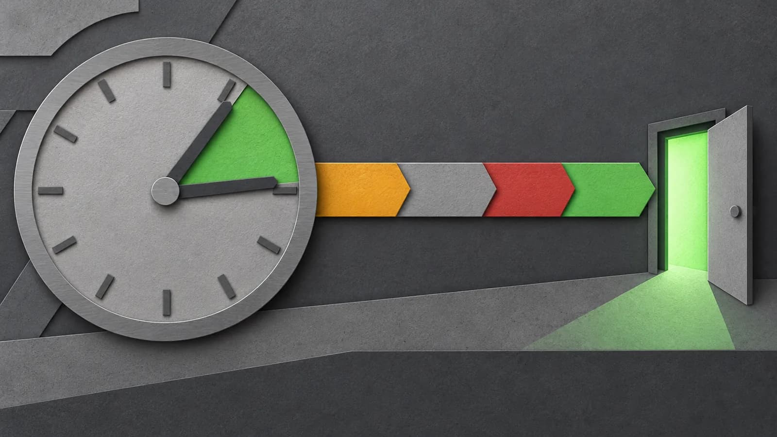Layered paper-cut artwork in concrete grey: a large clock face with a green wedge marking an elapsed interval, feeding a ribbon of amber, grey, red and green arrow segments that ends at an open door glowing green.