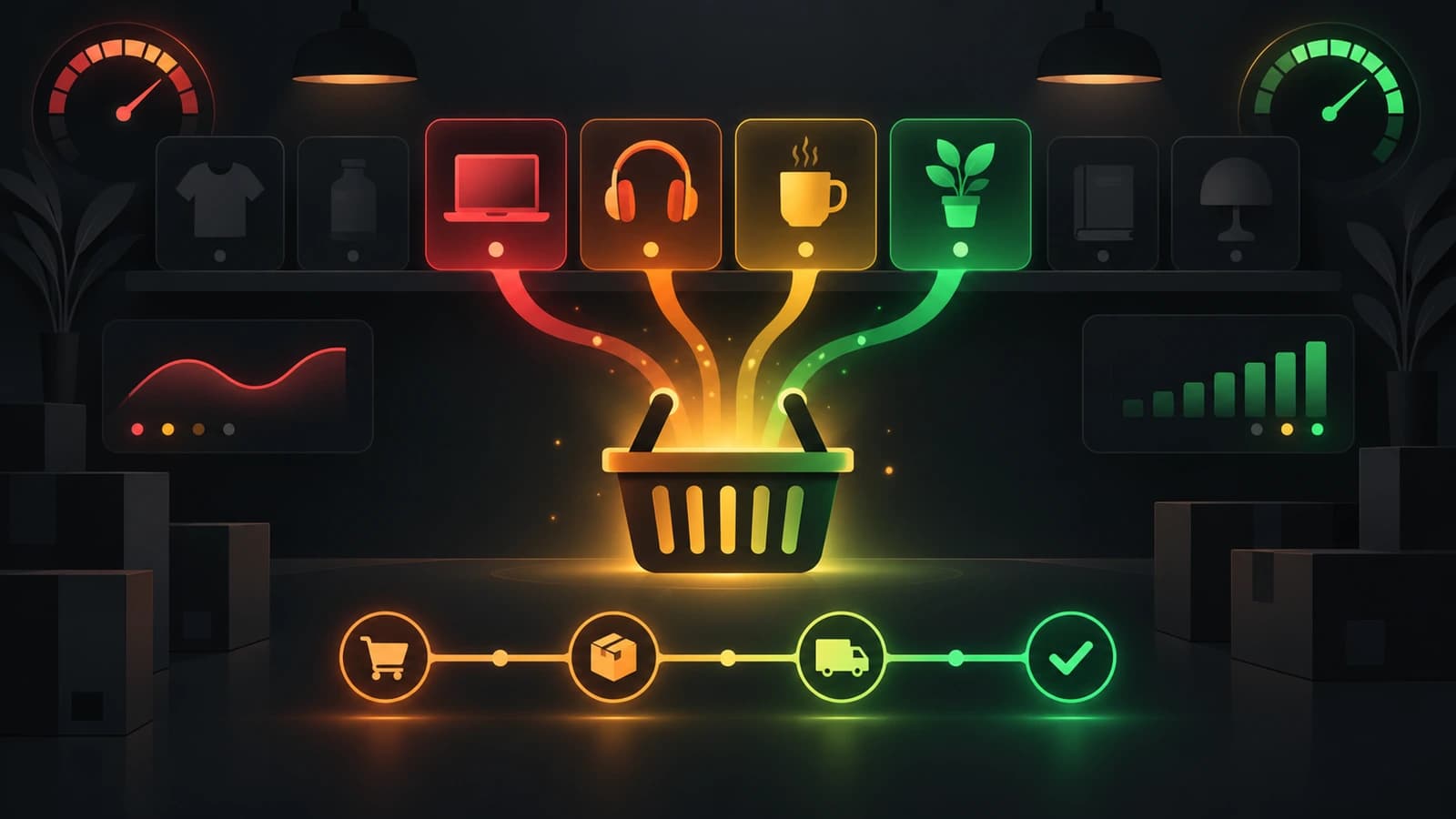 Dark dashboard illustration of an access storefront: a shelf of product tiles (a laptop, headphones, a coffee cup, a plant) with four lit tiles streaming into one glowing basket, above an order-tracking rail whose stops run from amber to a green check, with gauges in the corners.