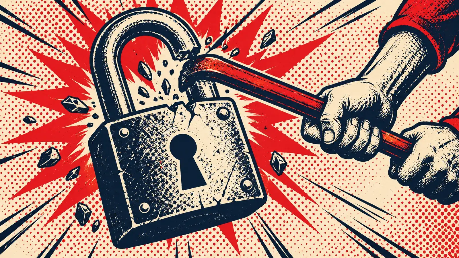 A pop-art comic illustration rendered in Ben-Day halftone dots and a bold red-and-navy palette showing a heavy padlock being pried open with a crowbar, the shackle straining and cracking as a jagged red alert burst explodes behind it with radiating action lines — a comic-book metaphor for account takeover, where an attacker forces open access using leverage they already hold rather than breaking the lock from scratch.