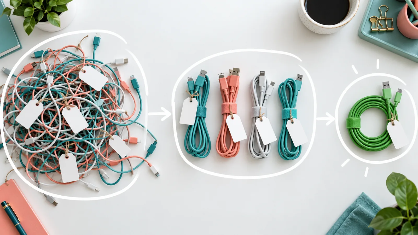 Annotated top-down photo on a white desk: a tangle of tagged teal, coral and white cables on the left is combed into four neat tagged bundles, then into a single coiled green cable on the right, with hand-drawn circles and arrows tracing the cleanup.