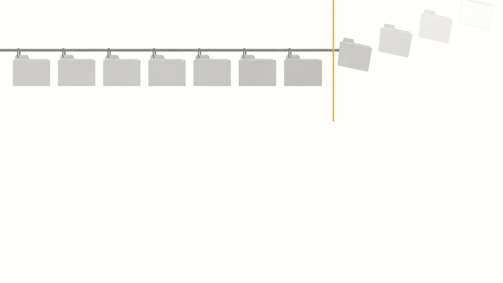 Flat minimal Swiss vector illustration on a wide bone-white field: a row of pale grey hanging file folders on a thin rail across the upper third. A thin amber vertical line crosses the rail near the right, and past it the folders lift off one by one, tilting and fading until the last is a faint outline. Below lies vast empty white space.