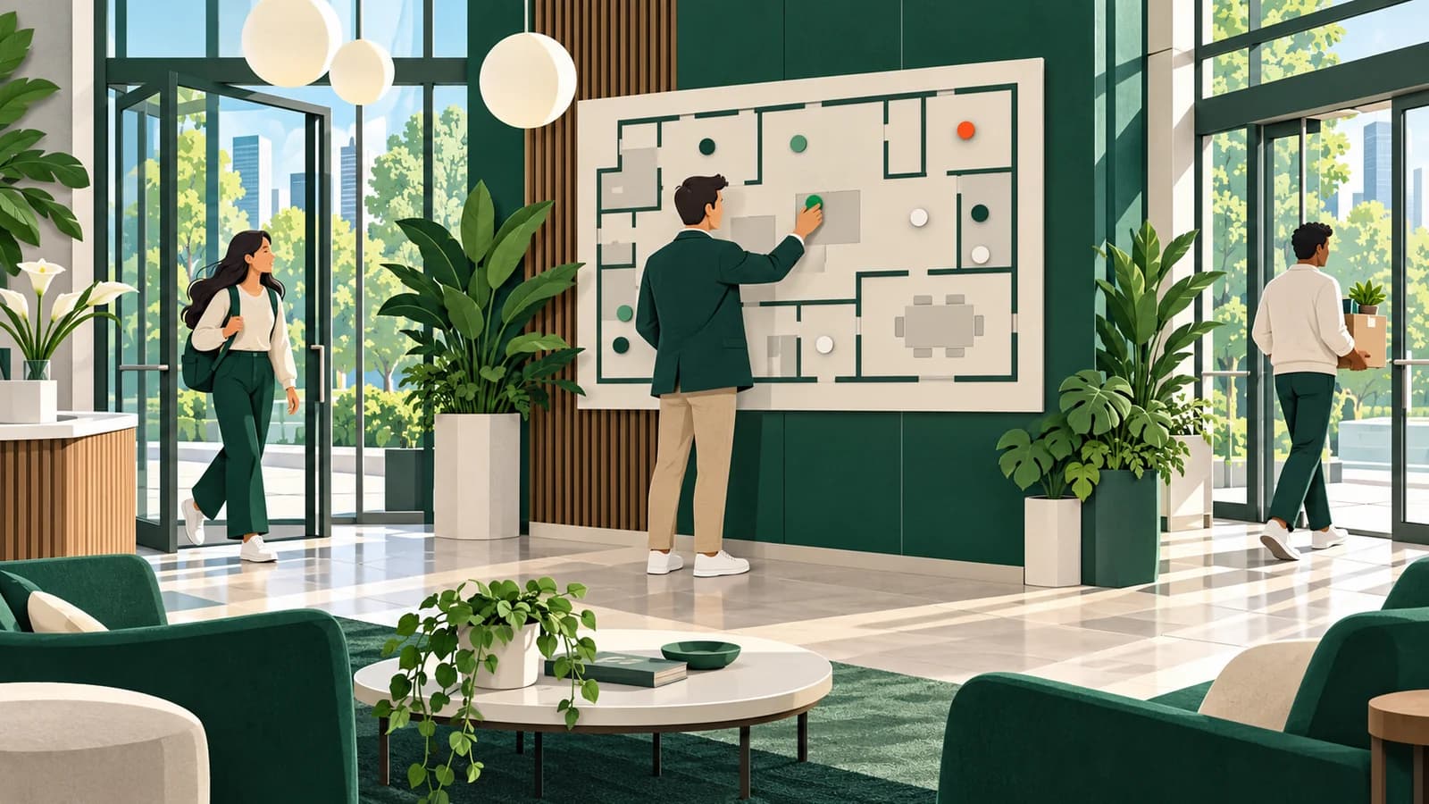 A layered paper-cut illustration in forest green, emerald and cream with a coral accent, with no text. In the bright lobby of a modern office tower, an IT manager moves colored magnetic tokens between rooms on a wall-sized floor-plan board, while a new employee with a backpack arrives and a departing employee carries a box out.