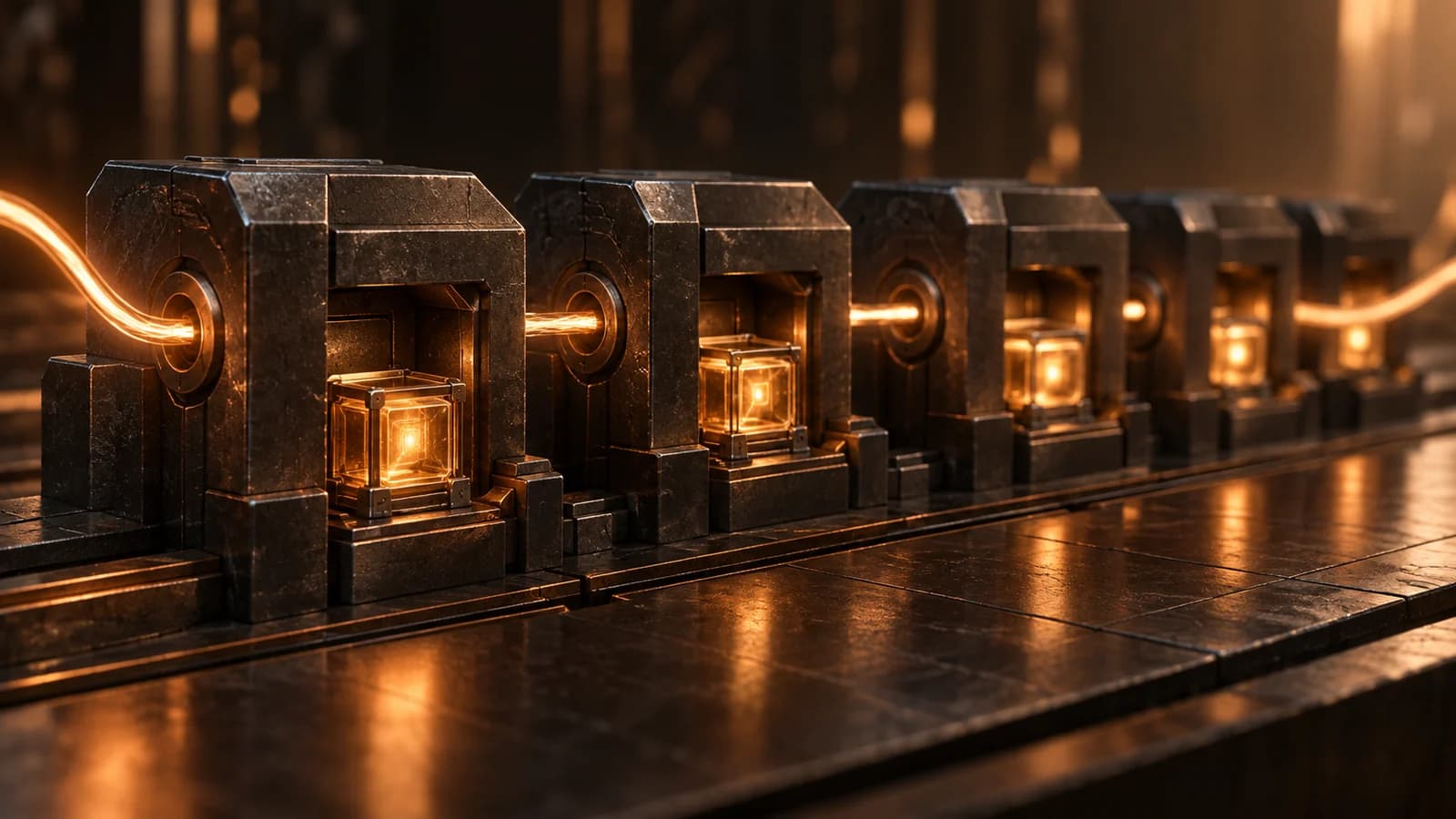 A cinematic 3D render on a warm graphite and brown-black ground. A single glowing copper thread runs left to right through a row of dark machined blocks, and at each block it leaves a small amber-lit sealed tablet behind, so every step of the path carries its own record. Soft amber rim light, shallow depth of field, no text and no blue tones.