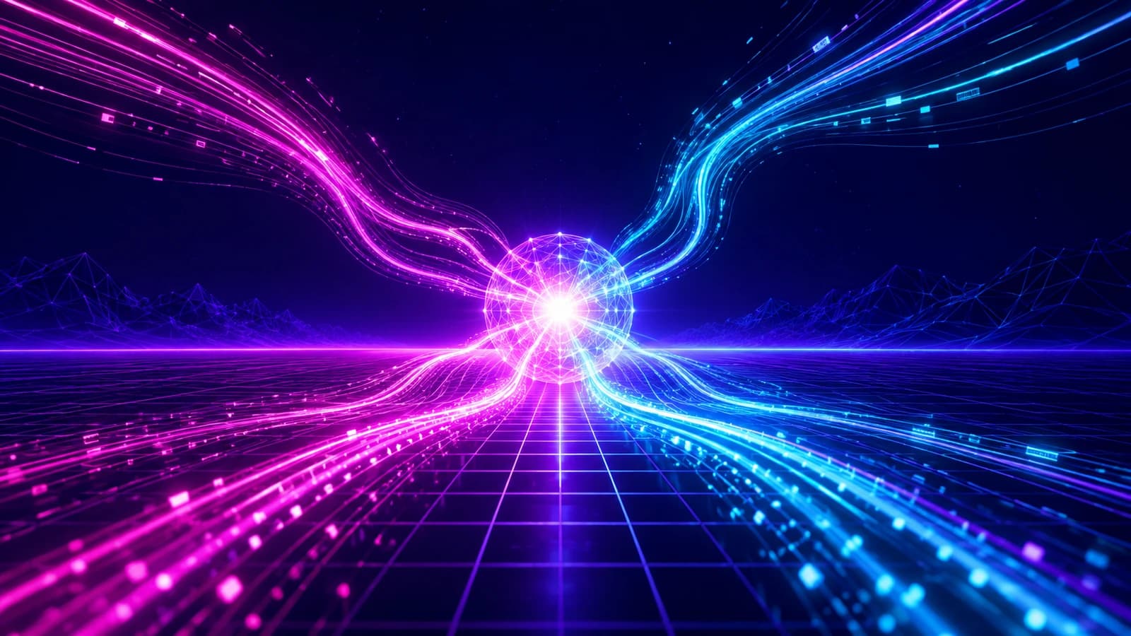 Retro-futurist synthwave illustration in magenta and cyan neon over a dark perspective grid, streams of identity access-data light-trails converging into one bright analytical node — AI and behavioral analytics for identity monitoring, where machine-learning models baseline per-user and per-peer-group behavior across authentication, entitlement, access-pattern, and device and network telemetry to catch the account takeover, insider privilege abuse, and slow lateral movement that static rules miss.