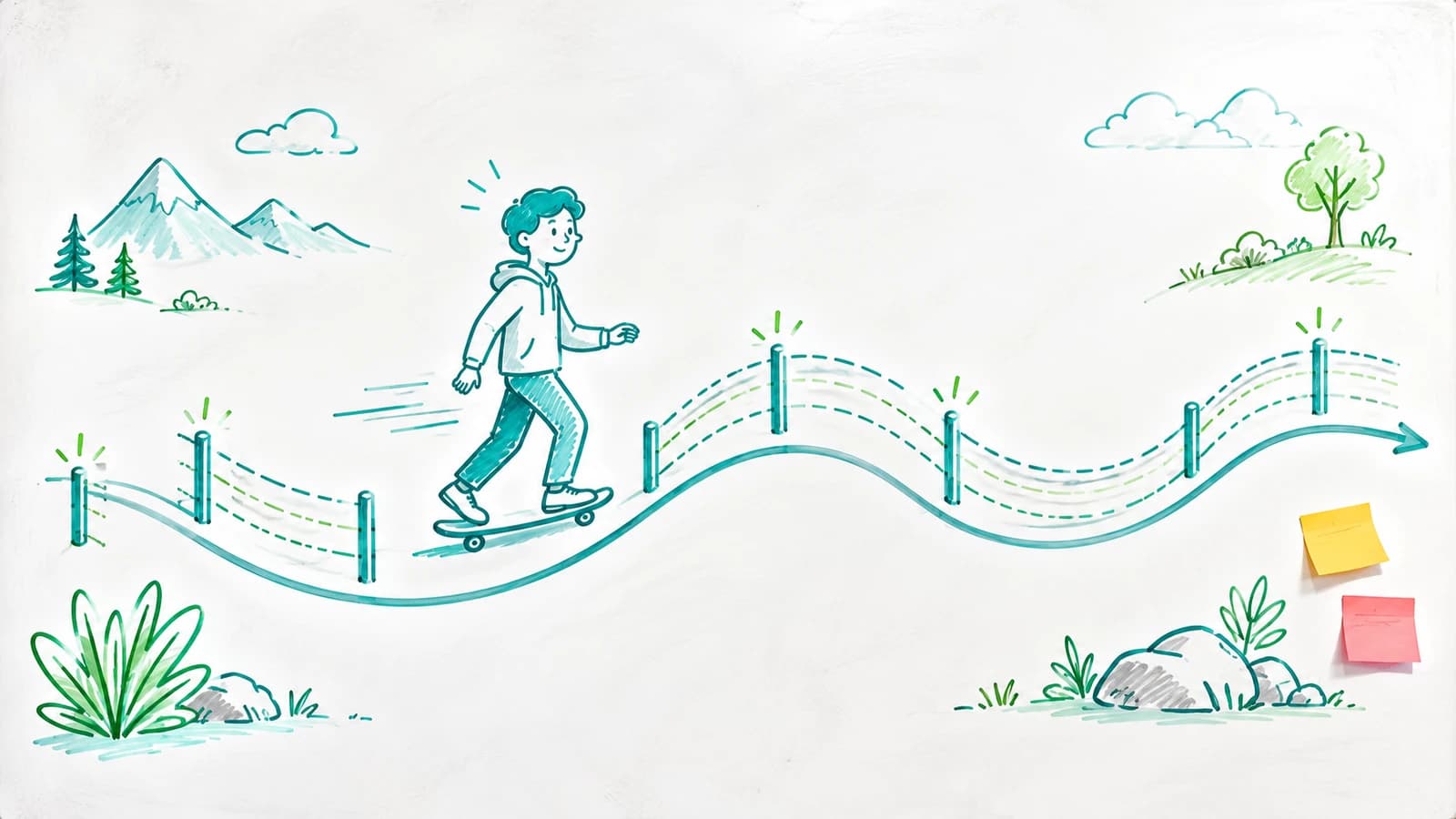 Enterprise identity illustration of a user moving through a workday — laptop login, badge access, cloud sign-in — with a translucent layer of AI risk signals evaluating each moment silently in the background, against a faded row of legacy MFA prompts fading into the distance, symbolizing continuous verification without interruption.