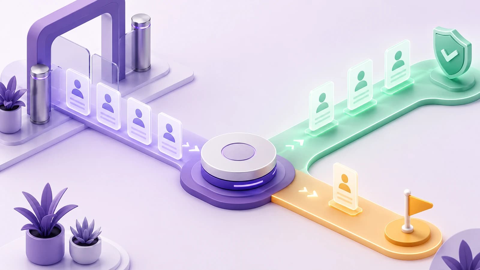 An isometric illustration of an access gate with a line of identity badge cards passing through a central scanning disc, splitting into two paths — a green path of approved badges leading to a shield with a checkmark, and an amber path where a single badge is diverted toward a flag marker, representing legitimate access separated from a flagged, potentially fraudulent request.