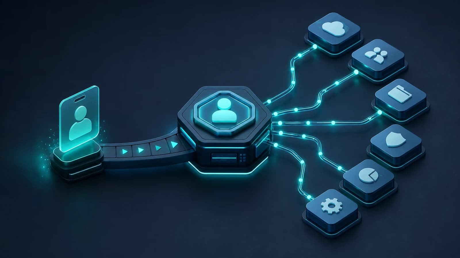 Abstract dark-navy illustration of AI-driven identity provisioning — a central policy-engine node reading converging signal streams from HR systems and an identity graph, radiating outward into precise, narrow access grants rather than a broad diffuse glow, evoking targeted least-privilege decisions, rendered in cyan and green light against a navy gradient with a soft violet accent.