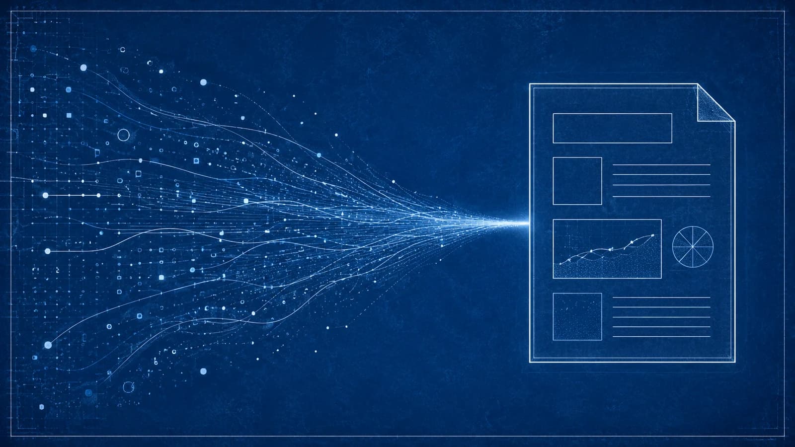 An abstract visualization of scattered data fragments — small glowing document icons, log lines, and access-record tiles — streaming from multiple disconnected sources and converging through a funnel-shaped conduit into a single structured report panel stamped with a checkmark seal, rendered in muted enterprise tones with no readable text, representing the shift from fragmented manual evidence-gathering to a unified automated reporting pipeline.