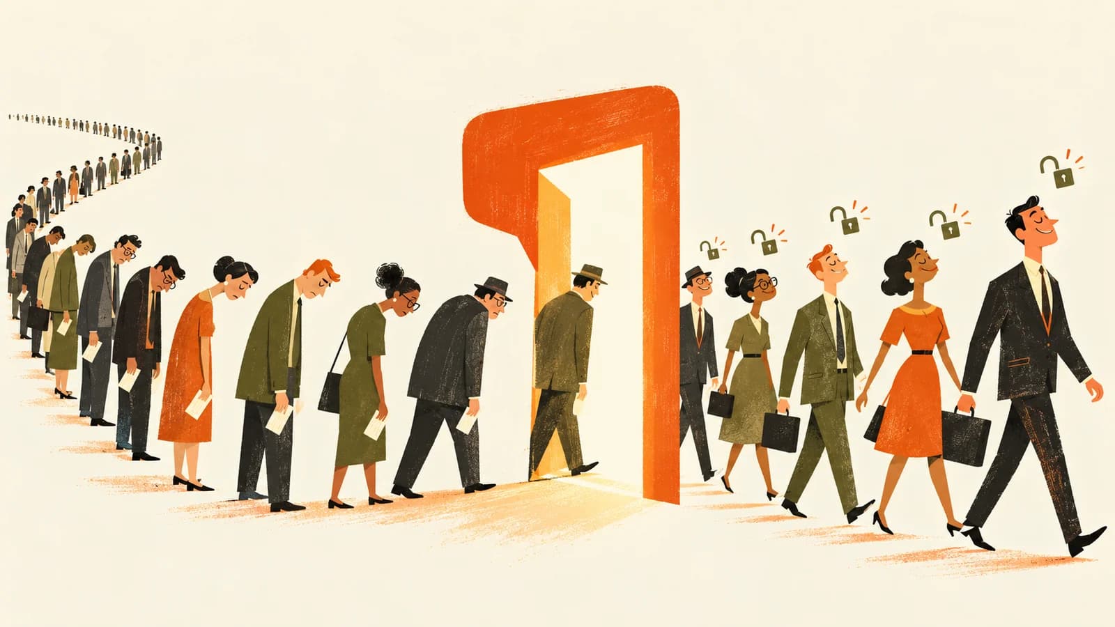 A mid-century modern editorial illustration in cream, burnt orange, charcoal, and olive, with no text. A long line of tired office workers holding paper tickets winds in from the left and passes through a bright orange doorway; on the right the same workers walk away relaxed, each with a small open padlock above them, suggesting identity requests resolved without waiting in a ticket queue.