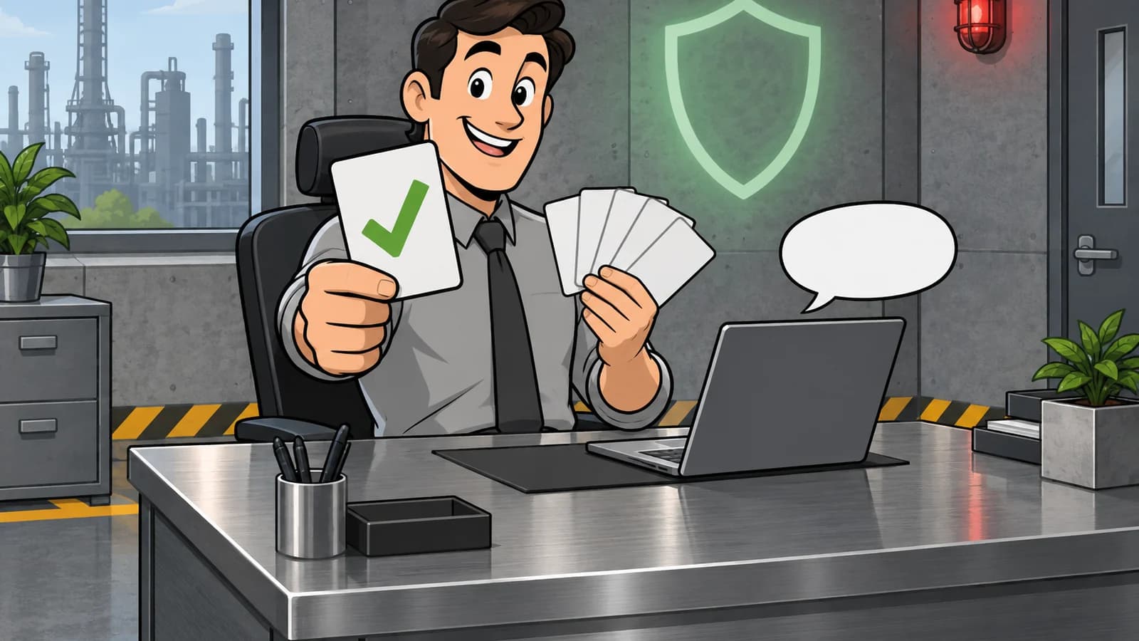 Office cartoon with no text: a smiling approver in a grey shirt and dark tie sits at a brushed-steel desk, holding a blank card with a big green check toward the viewer and a fan of blank cards in the other hand, beside a laptop and an empty speech bubble, with a glowing green shield on the concrete wall and a red warning light above.