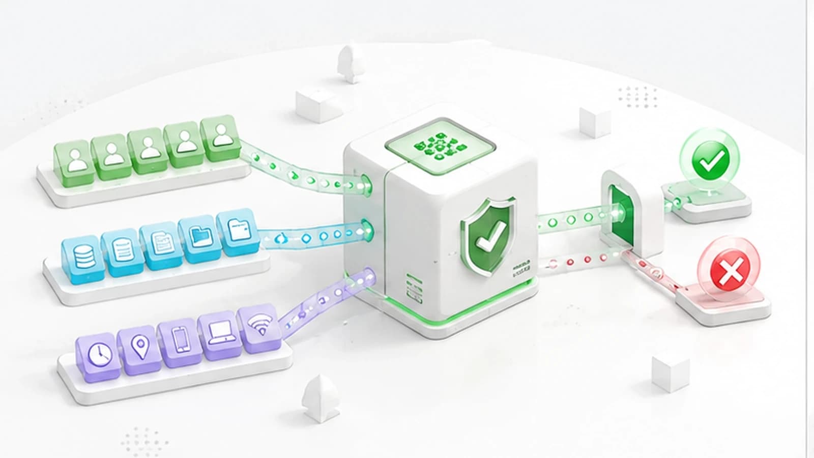 Abstract illustration of an attribute-based access control policy engine: three lanes of glowing tokens, representing subject, resource, and environment attributes, converge on a translucent decision gate that resolves into a green allow path and a red deny path, rendered on a dark-navy gradient with a soft violet glow in the corner.