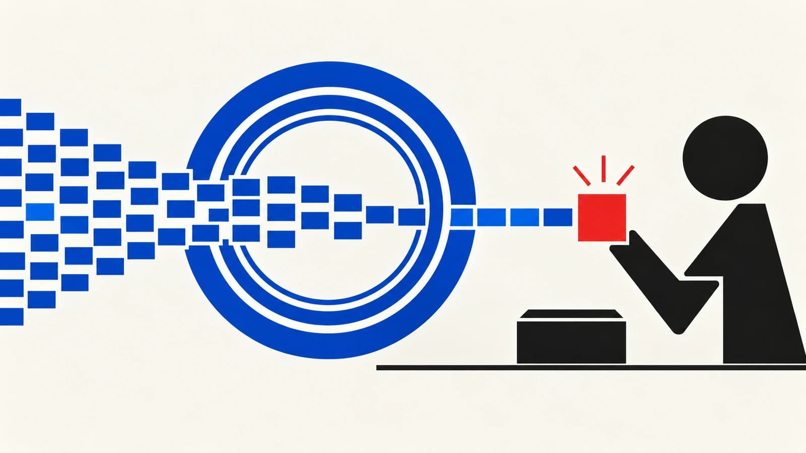 A Swiss International Style geometric poster in cobalt blue, signal red, and black on off-white, with no text. A stream of small blue rectangles, standing in for access items, narrows through a large ring of concentric blue circles and reaches a simple black figure holding one red square stamp beside a closed black box, suggesting AI preparing a review while a person decides.