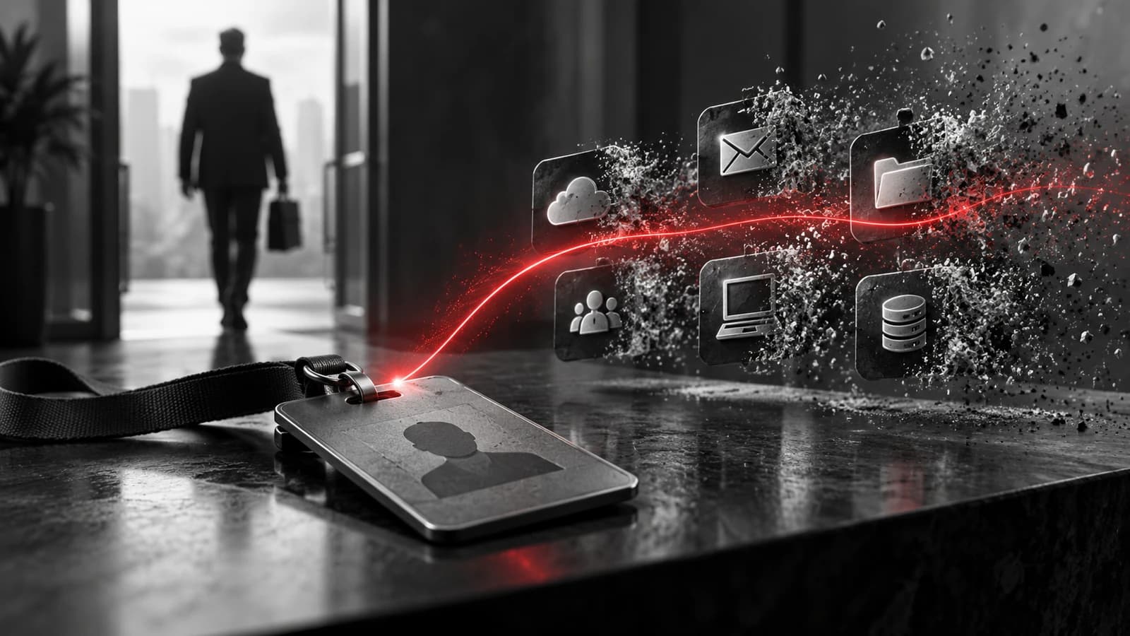 Cinematic greyscale scene of a departing employee's ID badge and a ring of account keys powering down on a dark surface, their glow fading to grey, while a single red revocation pulse sweeps outward across the frame to signal access being cut off everywhere at once. No readable text appears in the image.