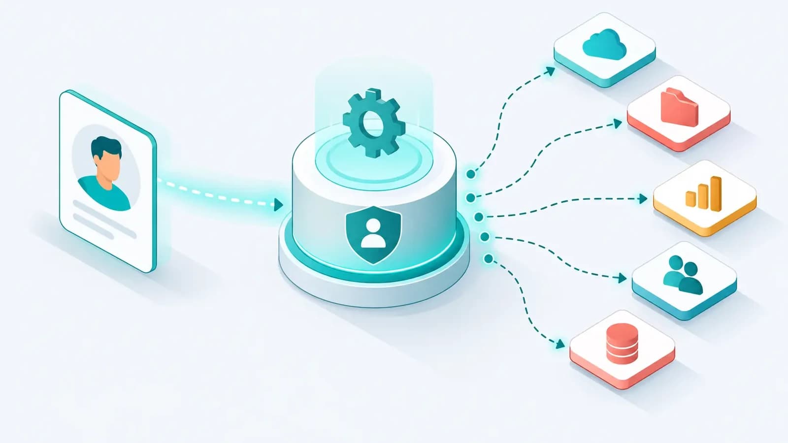 Isometric, clinical illustration of automated user provisioning: a new-hire identity token enters a central identity engine hub that fans access outward to a tiered grid of application tiles. Glowing connectors show accounts created across a CRM, HR portal, cloud storage, and collaboration suite at once — one source of truth propagating access to every app rather than manual, per-app creation.