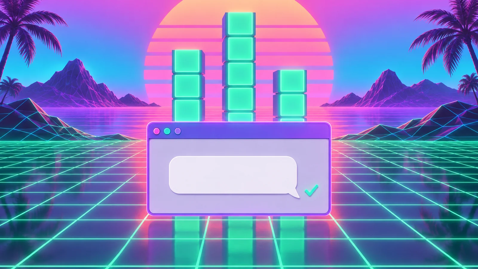 Vaporwave-style landscape at dusk: a blank retro chat window with an empty message bubble and a small mint check mark floats over a neon perspective grid, while three glowing columns of square tiles rise behind it like towers of different heights under a banded sunset.