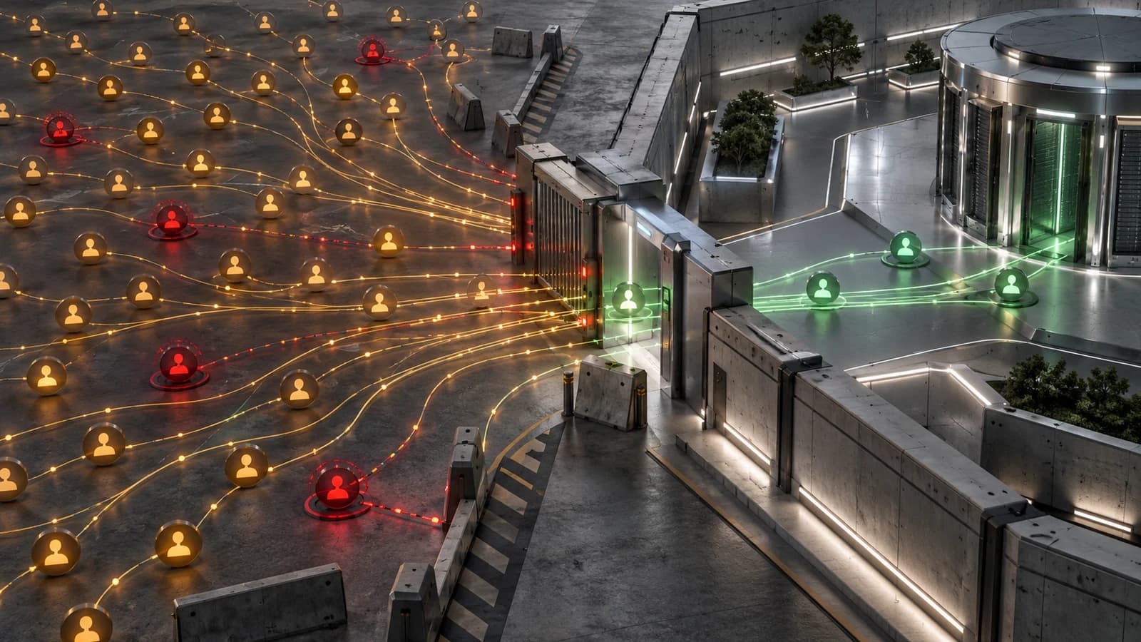 An industrial data-visualization scene in concrete and brushed-steel greys: an outer field of amber external partner and guest identity nodes, connected by glowing signal lines, funnels through a single controlled steel checkpoint into an inner secured zone where admitted identities glow green while others are held outside at amber, conveying tightly governed cross-organization access.