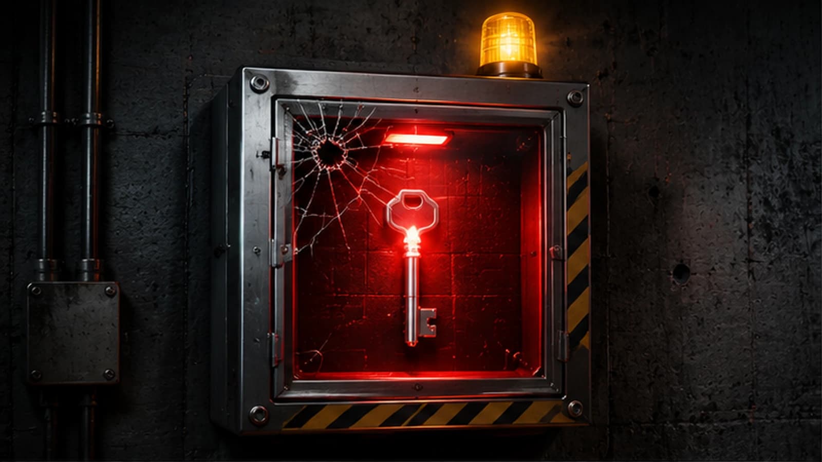 Break-glass emergency access for 2026 — an abstract shattered-glass panel with a red fracture epicenter representing the deliberate act of invoking an emergency credential, surrounded by cyan and green crack lines that fan outward like the governed lifecycle a break-glass invocation runs through: request, approval, time-boxed use, audit, and rotation, on dark navy with a violet glow.