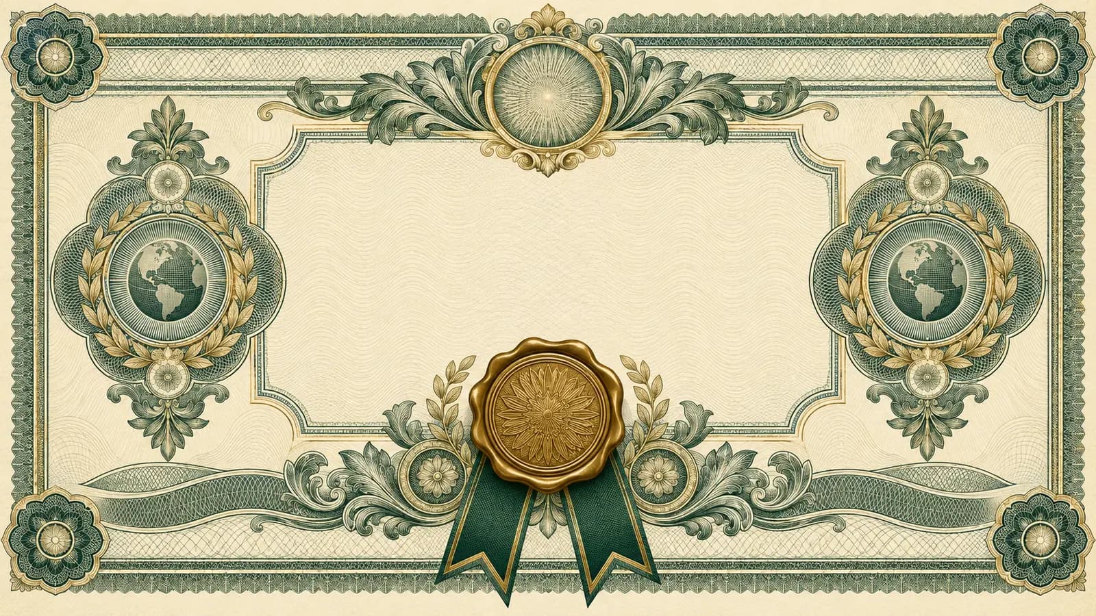 A vintage engraved certificate in the style of an old share warrant, printed on ivory stock with an intricate guilloché border of interwoven line-work in deep forest green and burnished gold. At the lower right sits a raised crimson wax seal against the aged paper — evoking trust, provenance, and the formal issuance of a credential, the analog ancestor of the digital certificate.