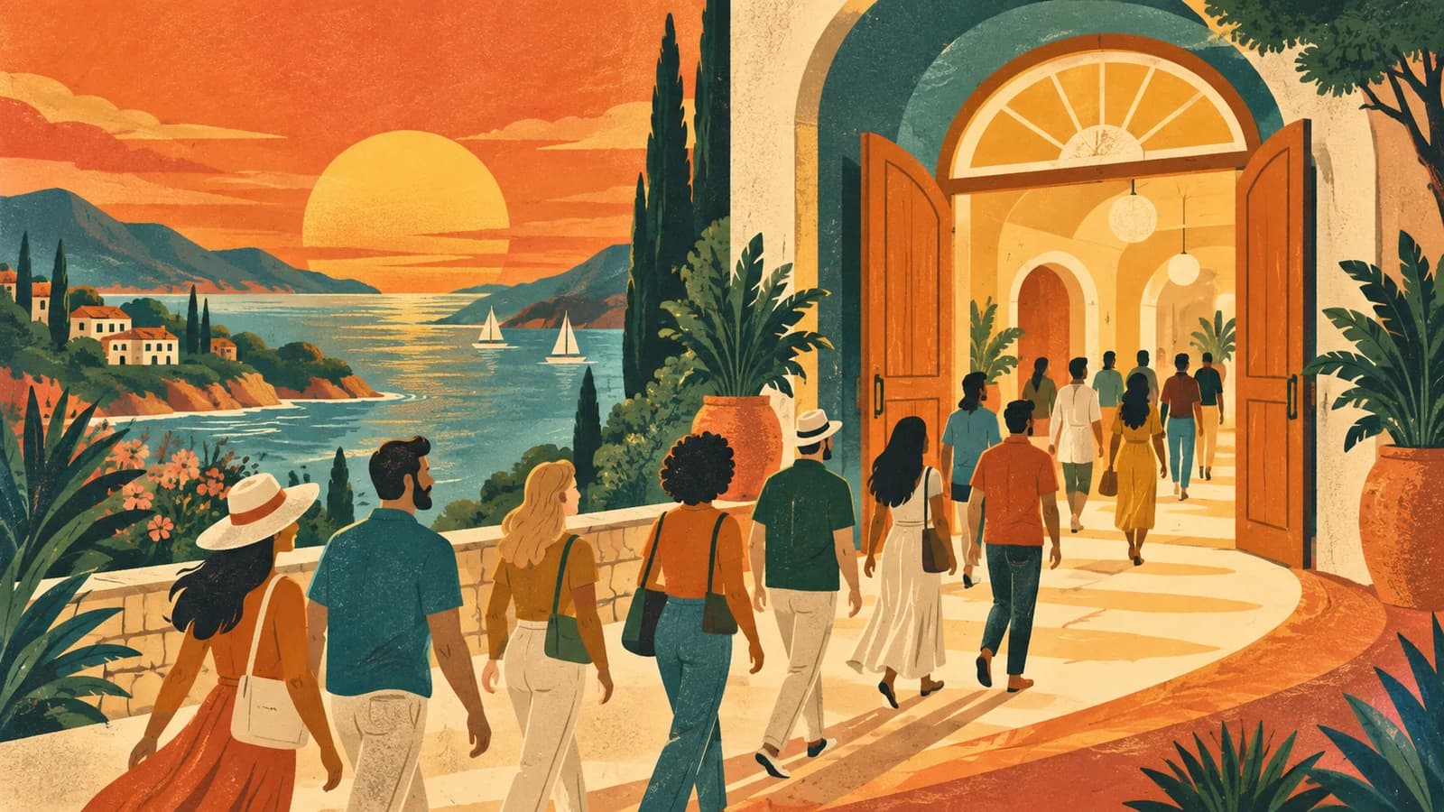 A wide, welcoming front door standing open at stadium scale, with a broad stream of people flowing through it toward a bright interior — each person greeted rather than interrogated, a soft security frame around the doorway suggesting checks that stay in the background, conveying customer identity that admits millions of self-registering consumers smoothly while still watching who enters.