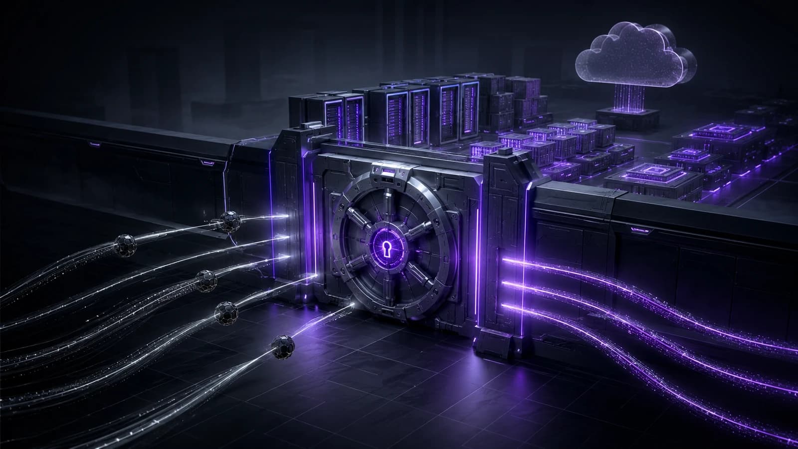 A dark 3D vault door set into a datacenter wall, glowing violet, with streams of light representing privileged access requests flowing in from the left toward the vault and racks of cloud infrastructure and a translucent cloud icon visible behind it.