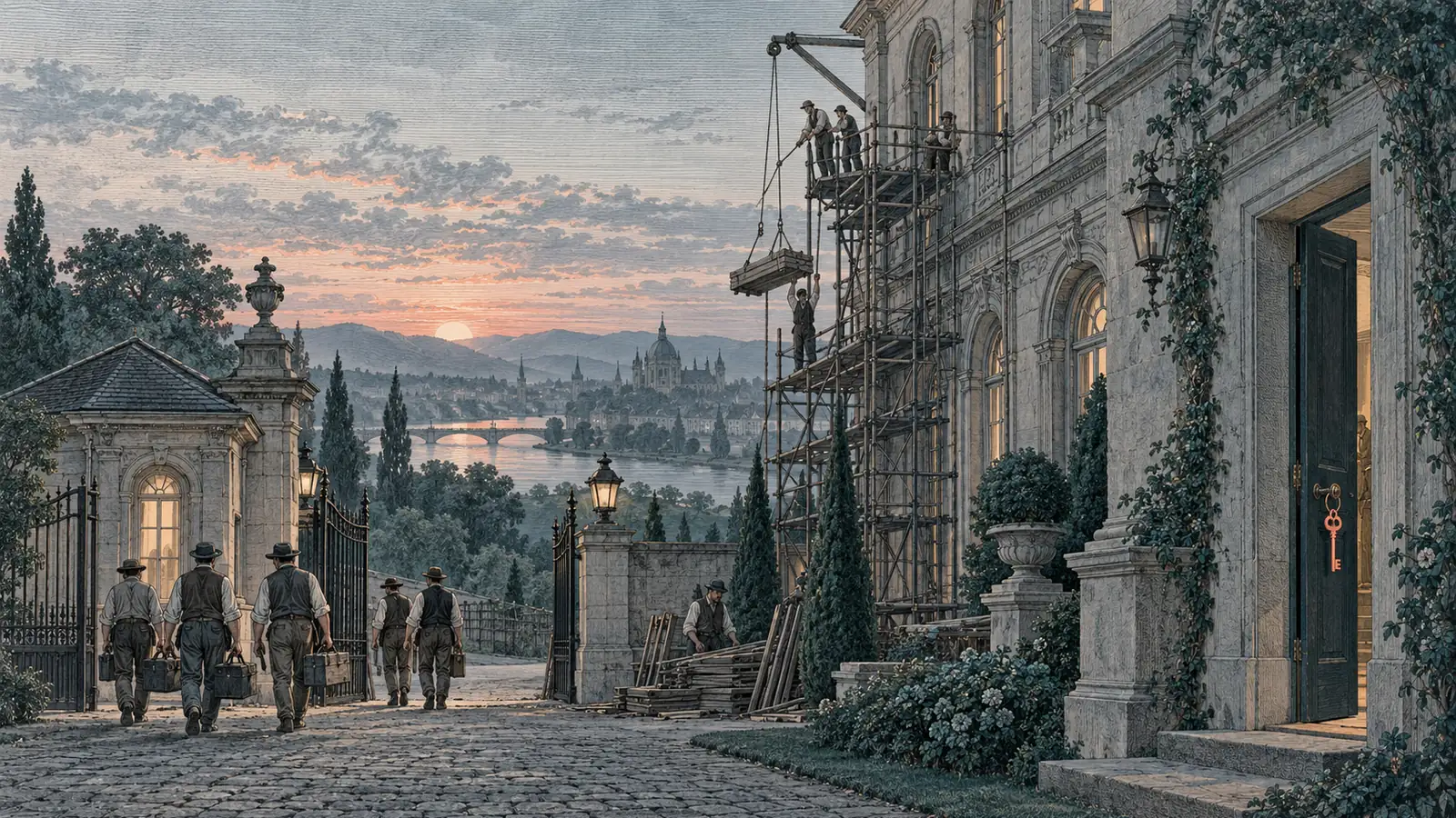A hand-tinted engraving in slate, teal and pale blue at dusk, with no text. Workers lower the last scaffolding from a finished stone building as a contractor crew walks out through the gatehouse with toolboxes, while a side door of the building still stands open with a coral key left hanging in its lock.