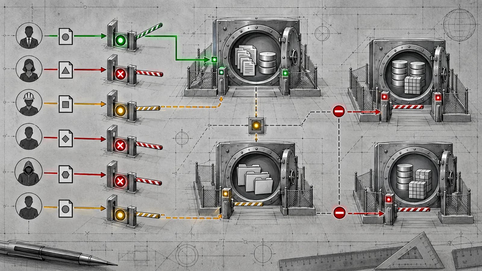 A hand-drawn whiteboard blueprint in an industrial-steel palette of concrete and brushed-steel greys with emergency-red and hazard-amber accents: sketched vaults of sensitive data — file stores and database cylinders — sit behind controlled access gates that sort incoming user requests, some figures waved through on a single green granted lane while others are stopped at red barriers.