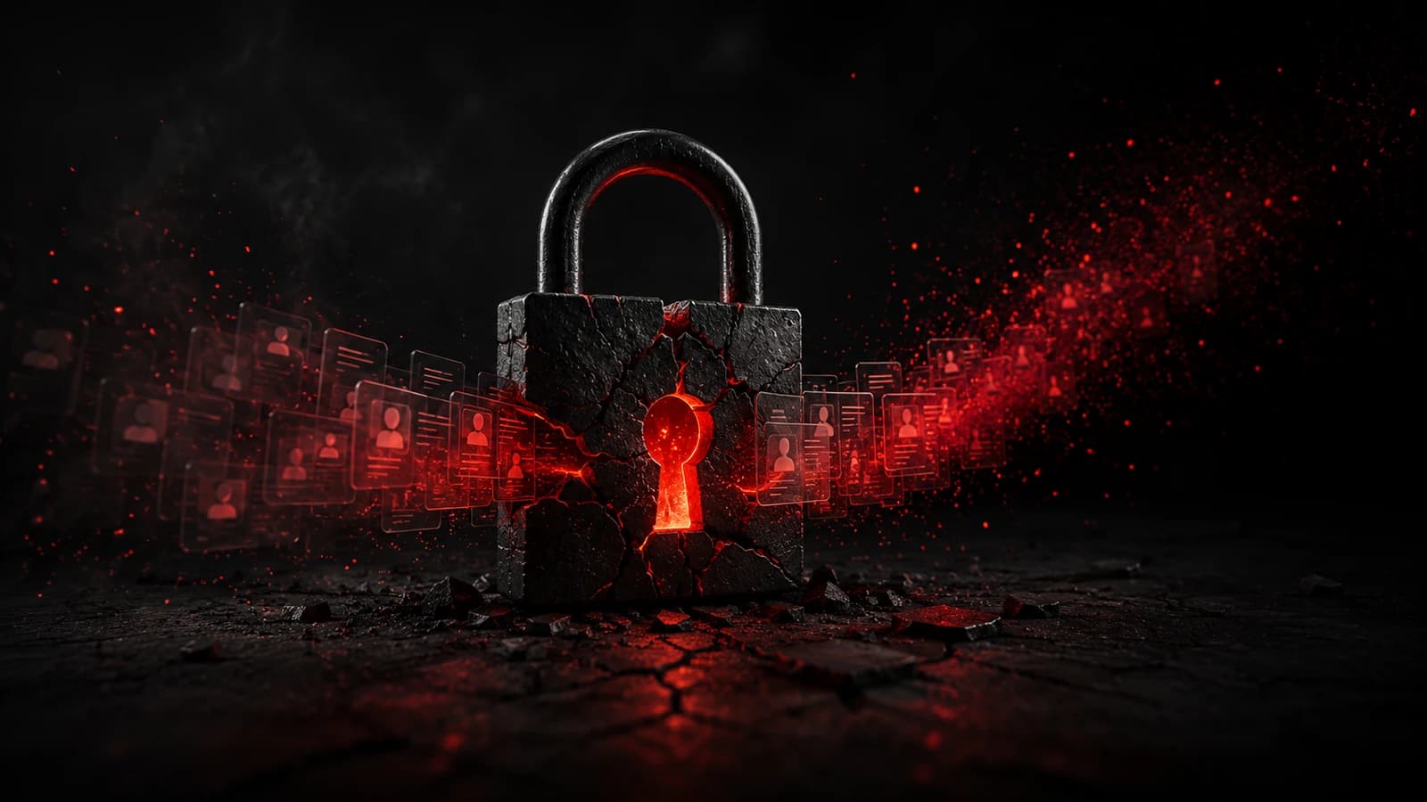 A cracked black padlock glowing red at a shattered keyhole, set against a dark background, with rows of translucent red identity and ID-card icons streaming away from both sides of the lock like data spilling out of a broken vault — a visual metaphor for how a single compromised credential becomes an identity data breach.