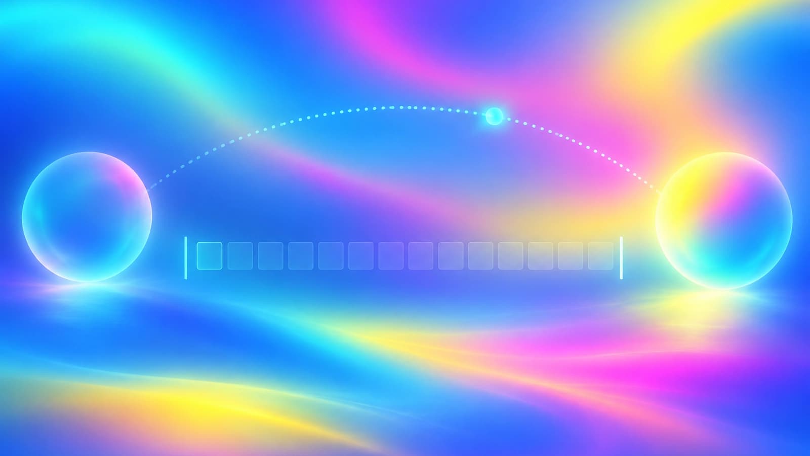 Aurora gradient-mesh illustration with no text: a dim translucent sphere on the left and a bright glowing sphere on the right are joined by a long dotted arc, with a small teal token travelling along it, above a row of fourteen faint tiles bracketed by two thin light lines, all on swirling cyan, magenta, yellow and blue.
