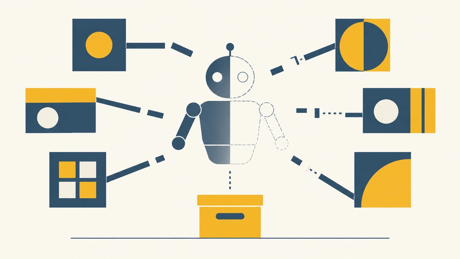 A flat Bauhaus-style illustration in slate blue and mustard yellow on cream, with no text. A simple robot figure stands at the center, its right half fading to a dashed outline. Six geometric system panels surround it, joined by lines that break into dashes and gaps as each connection is cut, and a yellow archive box sits below, suggesting an AI agent cleanly deprovisioned with its record kept.