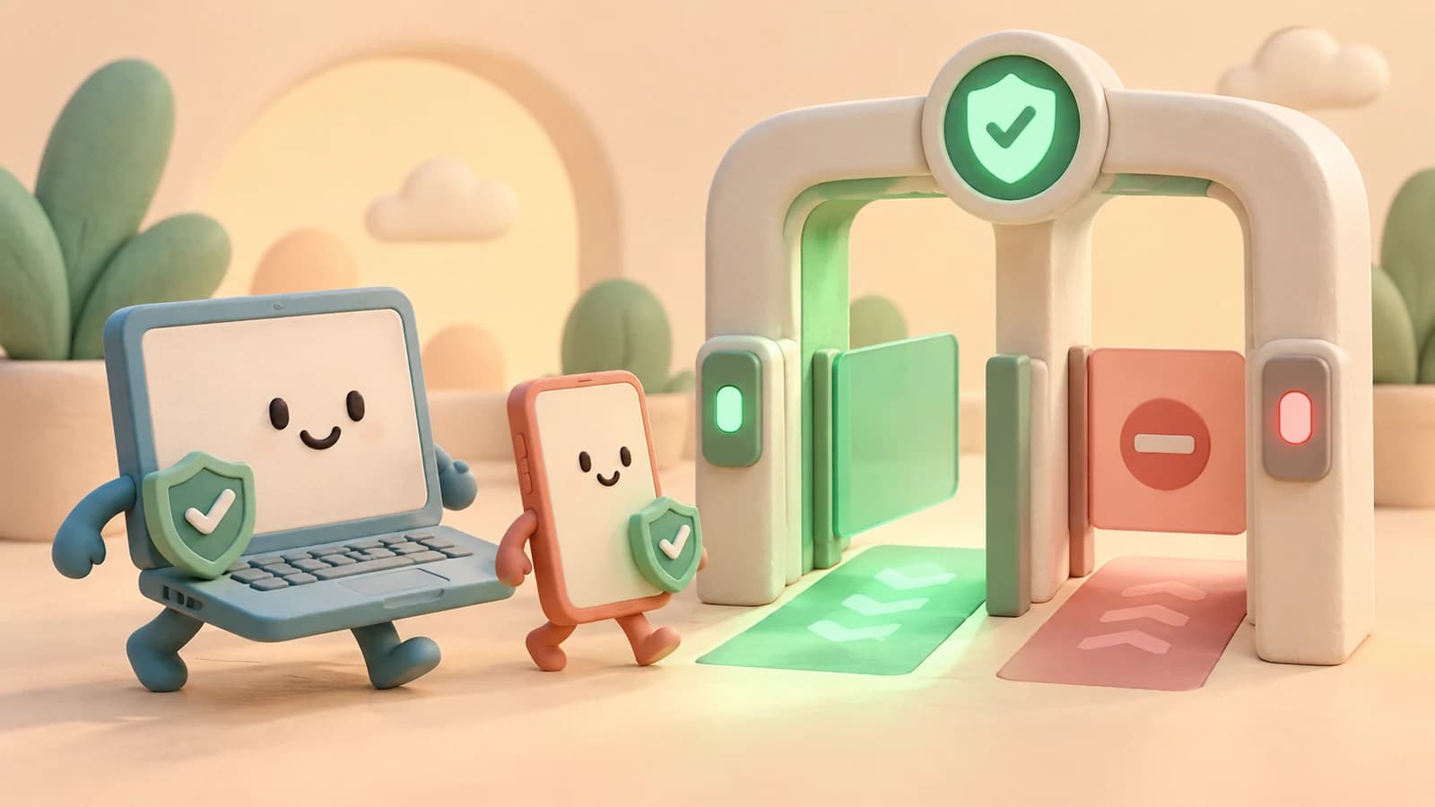 Soft 3D clay-render hero on a warm cream background: friendly rounded clay devices, each wearing a small trust badge, approaching a clay gate. A healthy device with a green check badge passes through the open gate, a device with an amber caution badge waits at a half-open gate for step-up, and a device with a red cross badge is held at a closed gate — posture-driven access outcomes in clay.