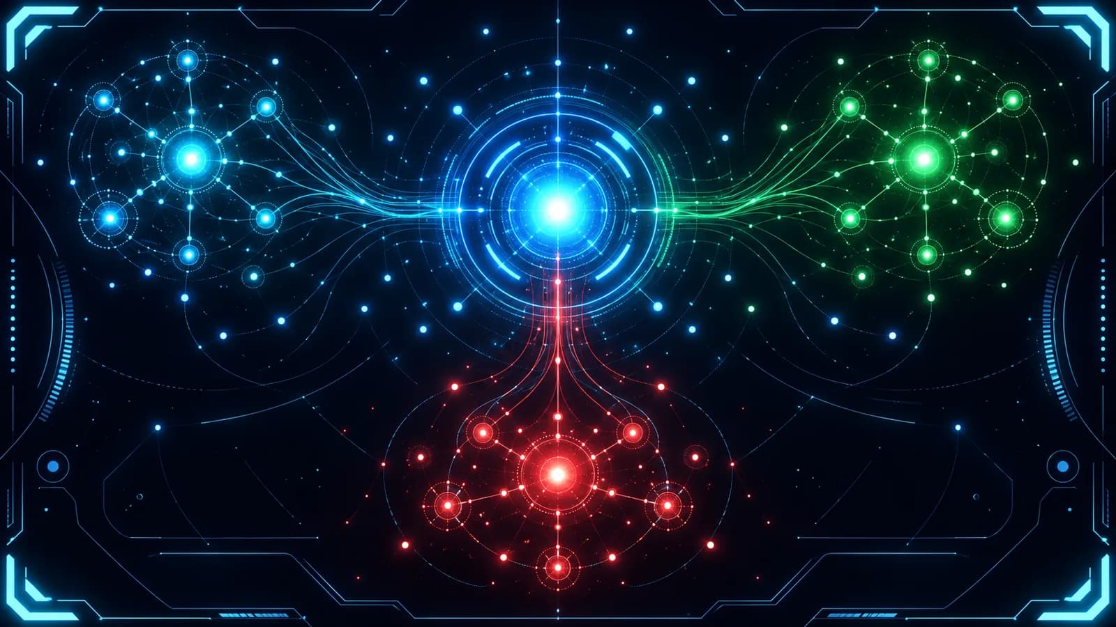 Neon HUD artwork on near-black indigo: a glowing rule core ringed by concentric evaluation circles sends curved traces out to three clusters of identity nodes in cyan, green and red, showing group membership computed from attributes instead of assigned by hand.