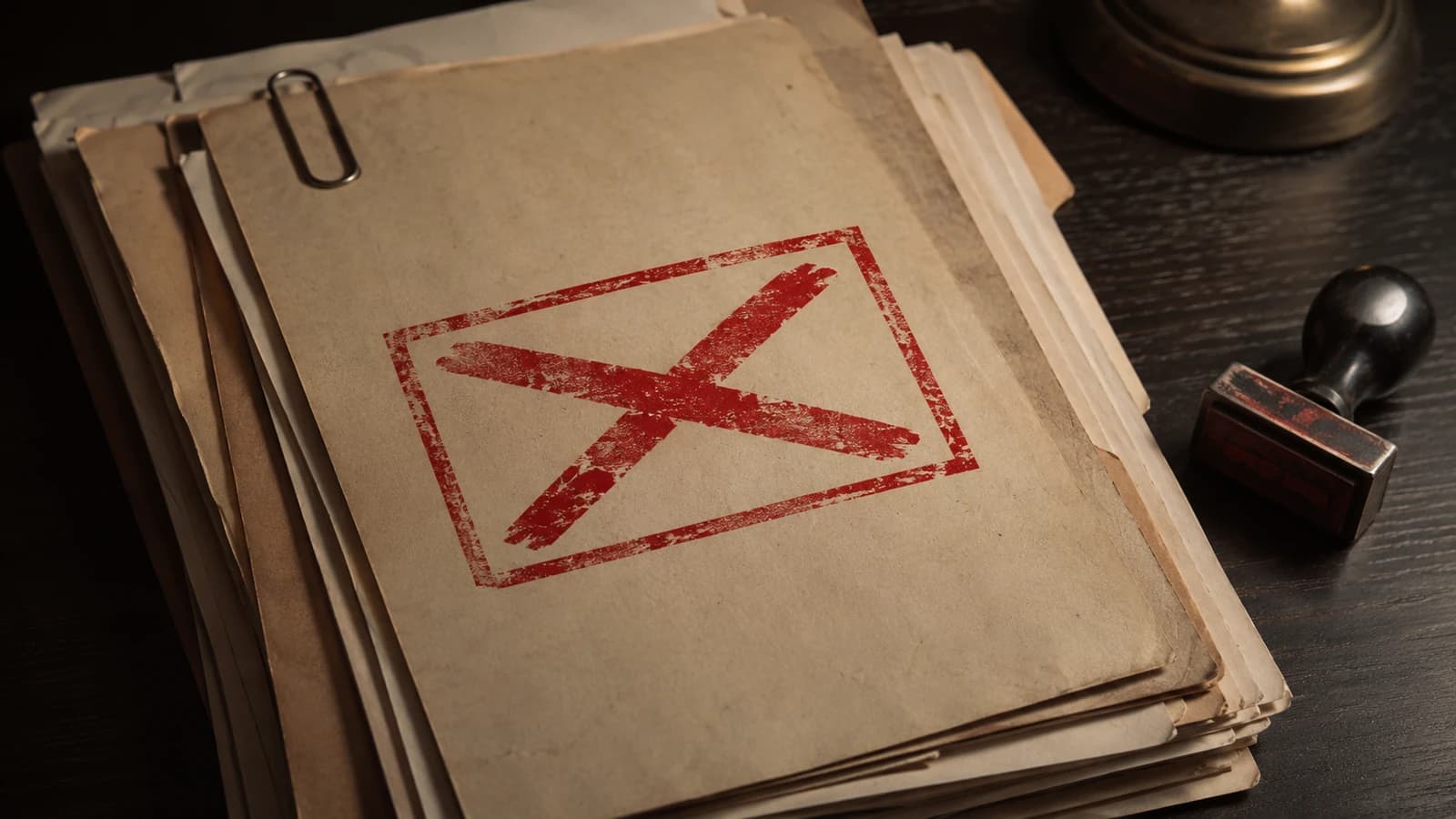 A stack of aged manila folders and paper on a dark wood desk, paperclipped together, with a large red rubber-stamp X inside a red rectangular border stamped across the top folder. A black rubber stamp tool and a brass desk bell sit beside the stack, evoking a rejected federal compliance dossier or a failed audit finding.