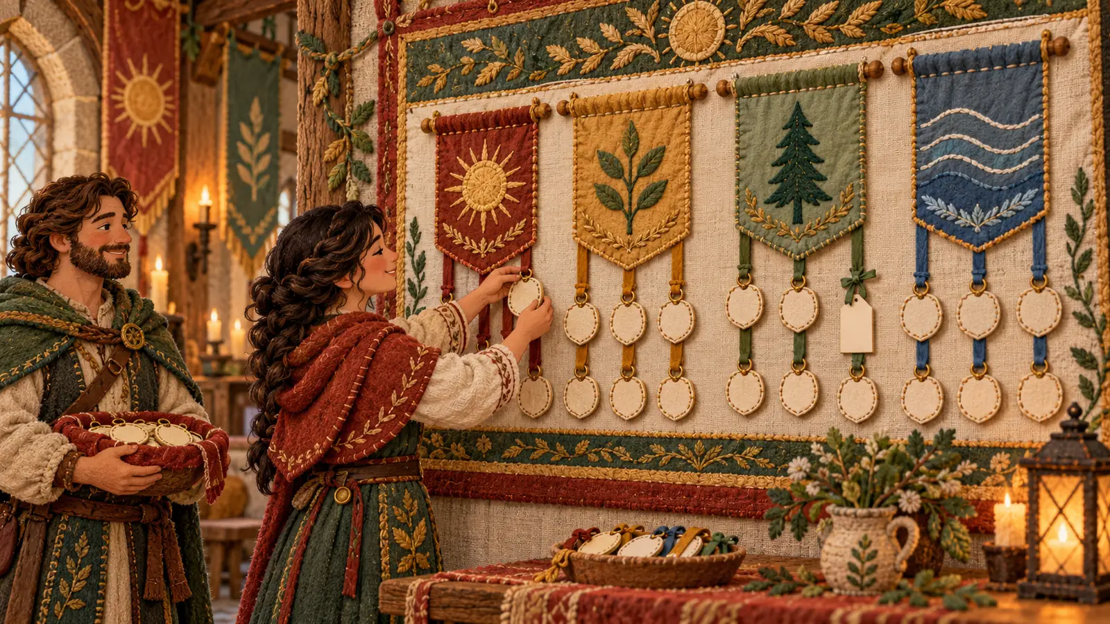 A stitched textile scene in warm terracotta, mustard, sage and cream, with no text. In a candlelit guild hall, a woman hangs a blank badge on a ribbon beneath one of four embroidered group banners, one ribbon carries a small tag marking a badge for later removal, and a man waits with a basket of new badges.