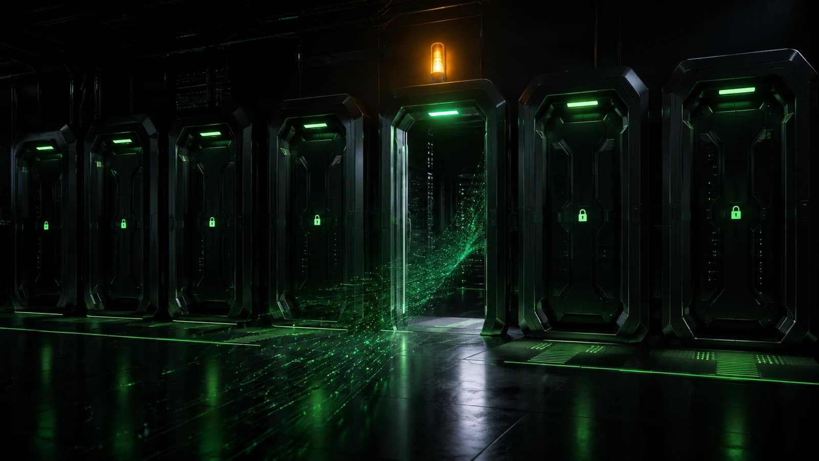 Dark-ops style illustration in green-and-black tones showing a row of futuristic server-room doors, each marked with a lock icon indicating a controlled access point. One door in the row stands open, with streams of green data particles flowing out of the gap, visually representing an attacker moving through an access control point that was never properly closed.