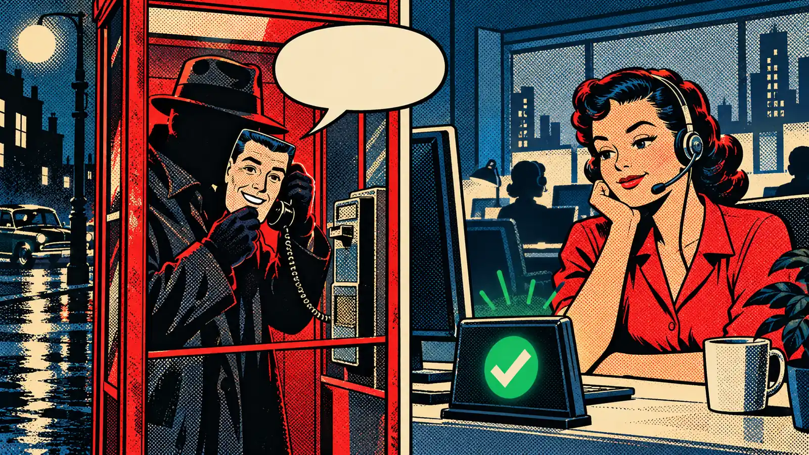 A retro comic-book illustration with halftone dots in signal red, navy, and cream, with no text. On the left, a shadowy caller in a red phone booth at night holds a smiling paper mask of an employee's face to the receiver; on the right, a calm help desk agent in a headset watches a green check light on her desk, unbothered.