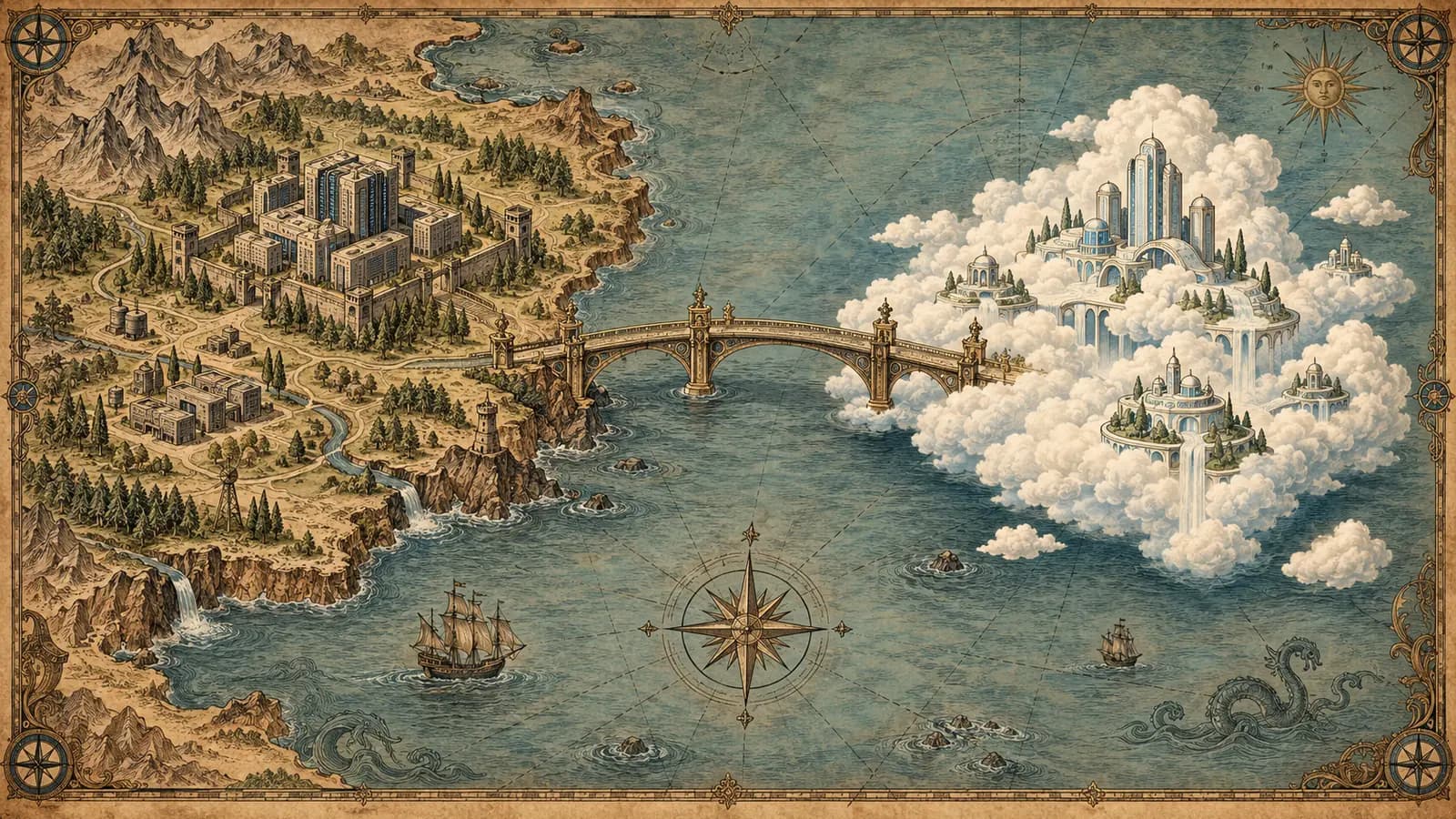 Vintage-cartography old-map illustration in aged sepia and faded indigo ink: an on-premises mainland labeled Active Directory on the left joined to a smaller cloud island labeled Entra ID on the right, the two territories connected by a single arched stone bridge inscribed identity sync, with a compass rose, rhumb lines, and a decorative cartouche in the margin.