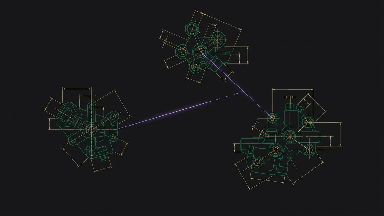 Abstract dark-navy visualization of three glowing identity hubs in cyan, green, and red, each surrounded by scattered satellite nodes representing fragmented cloud resources, connected by thin arcing lines converging toward a faint unresolved center point — representing the unreconciled identity silos that form across separate IaaS provider accounts.