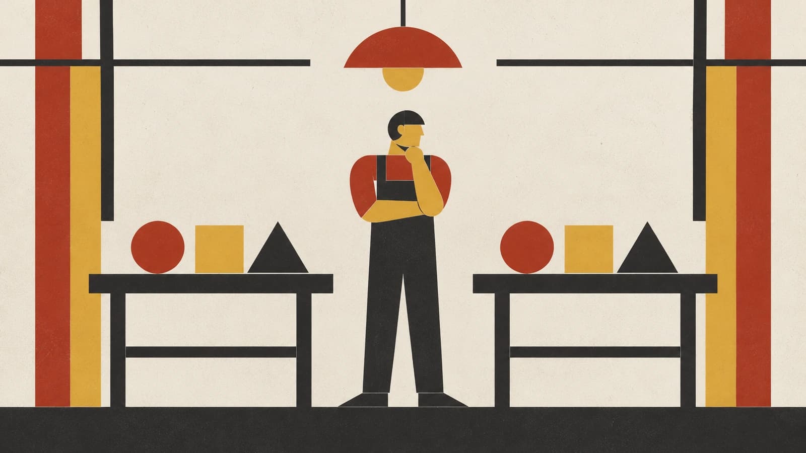 A Bauhaus geometric poster in brick red, mustard and charcoal on off-white, with no text. Two identical workbenches stand side by side under a single round lamp, the same task laid out on each in matching circles, squares and triangles, while one technician stands between them comparing the two.