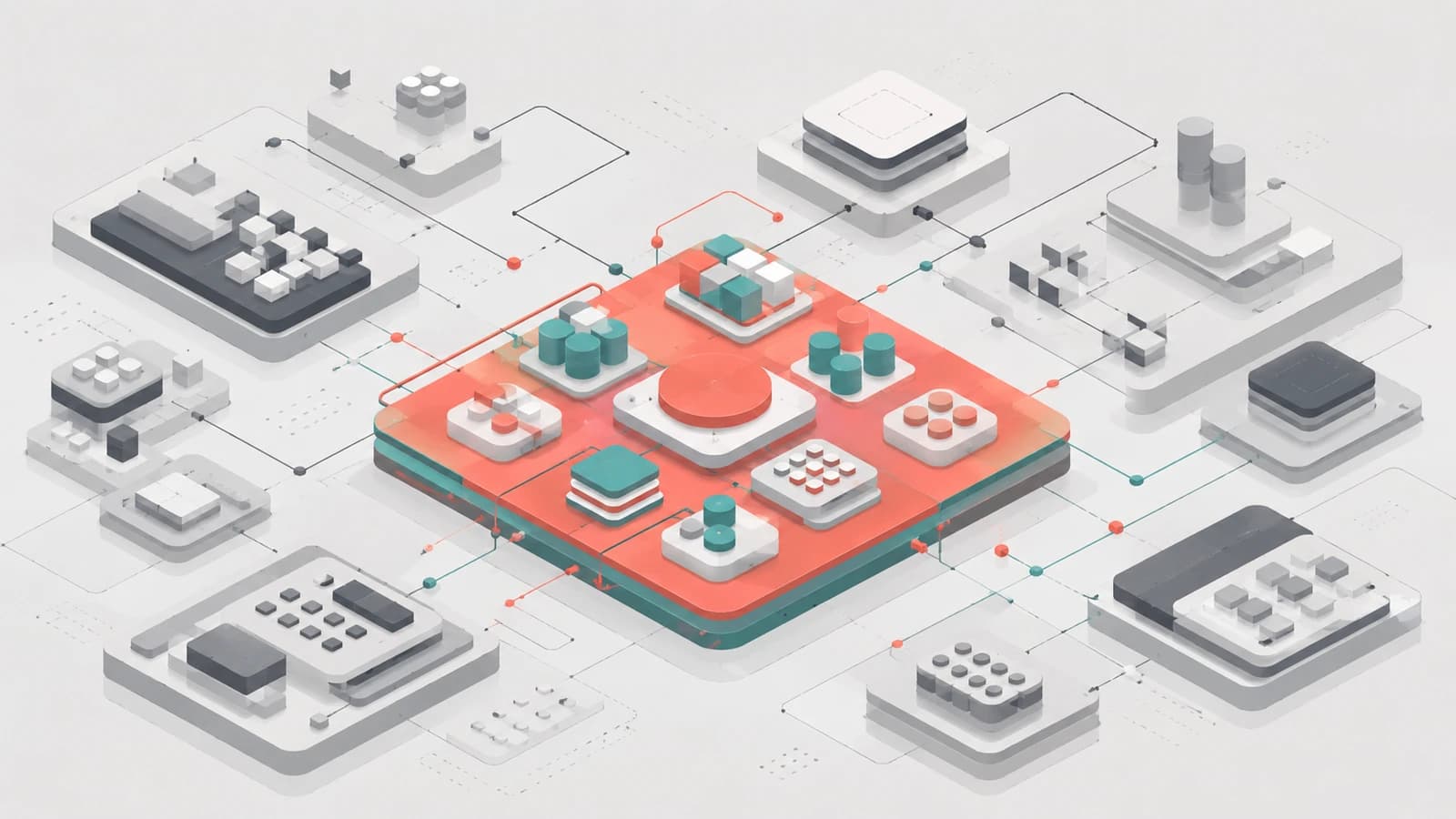 Abstract isometric illustration of a coral-red circuit-board hub at center, surrounded by loosely connected white and gray platform modules, teal and coral component clusters, and dotted connector lines radiating outward in a loose grid — representing a fragmented vendor landscape of many distinct, interoperating identity platforms rather than a single unified system. No text overlay.