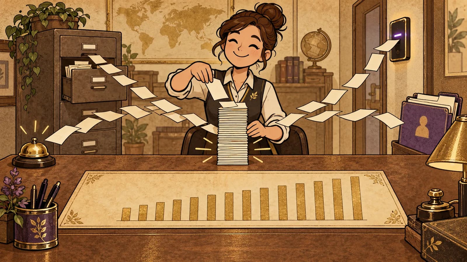 Sepia office-cartoon illustration: a smiling clerk at a wooden desk stacks loose slips flying in from a filing cabinet, a service bell, a badge reader and a personnel folder into one neat counted column, above a ledger of twelve rising gold bars.