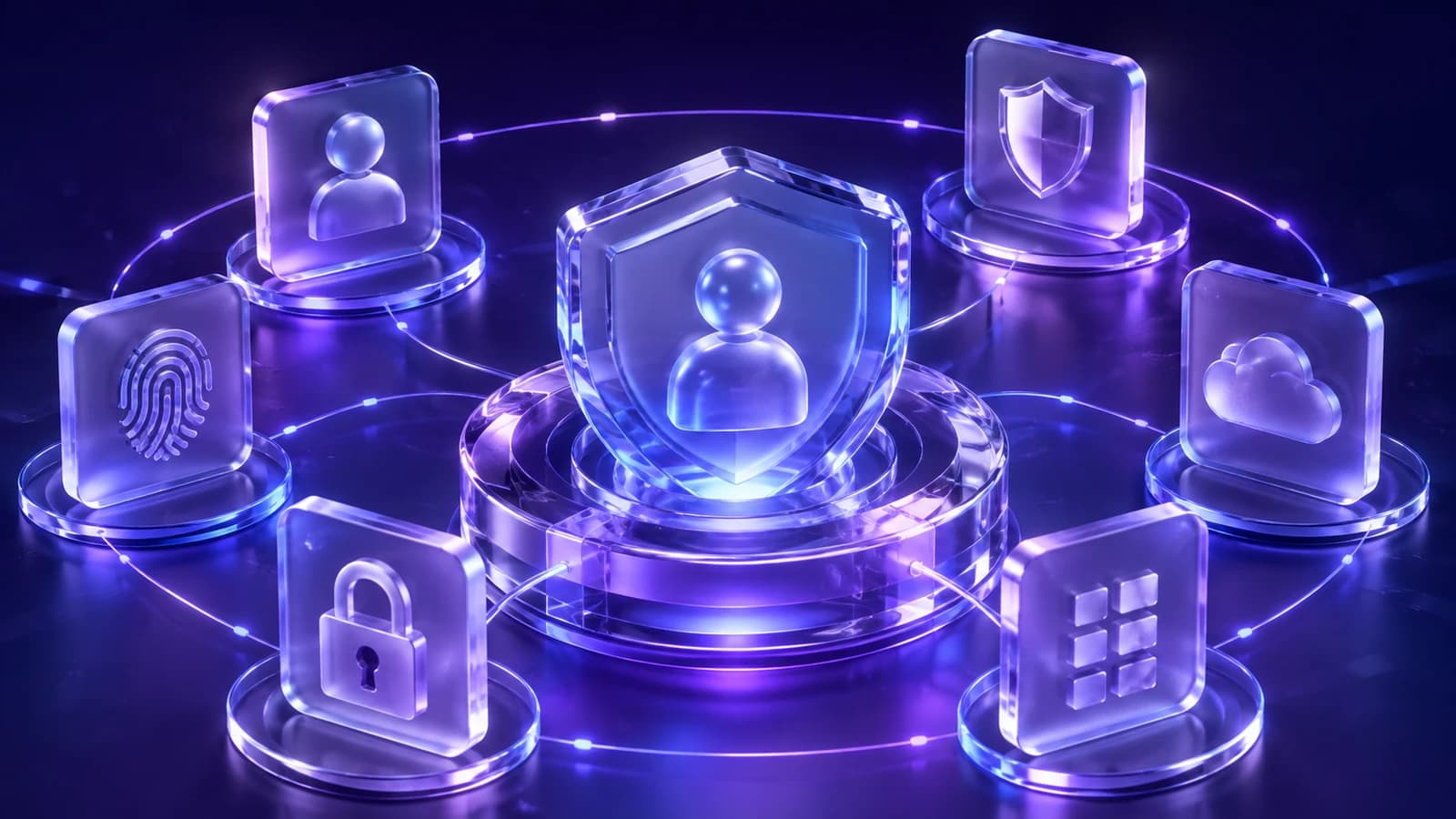 Abstract 3D glassmorphism illustration in an indigo color palette showing a central shield with a person icon at its core, surrounded by a ring of translucent glass-style icons representing a fingerprint, a padlock, a cloud, and a secondary shield, evoking the layered protective function identity and access management performs across an enterprise security program.