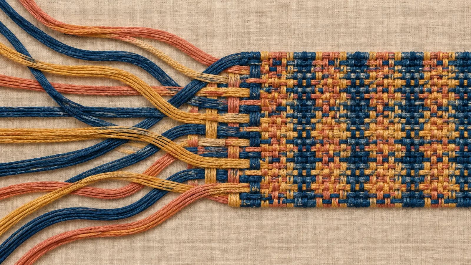 Cinematic close-up of a woven tapestry as an identity fabric — warm indigo, gold, and coral threads running from separate spools labeled directories, IdP, IGA, and PAM at the edges and converging into one tightly woven weave at the center, the interlaced threads forming a single continuous surface carrying unified policy and observability, a loom visible behind the cloth.