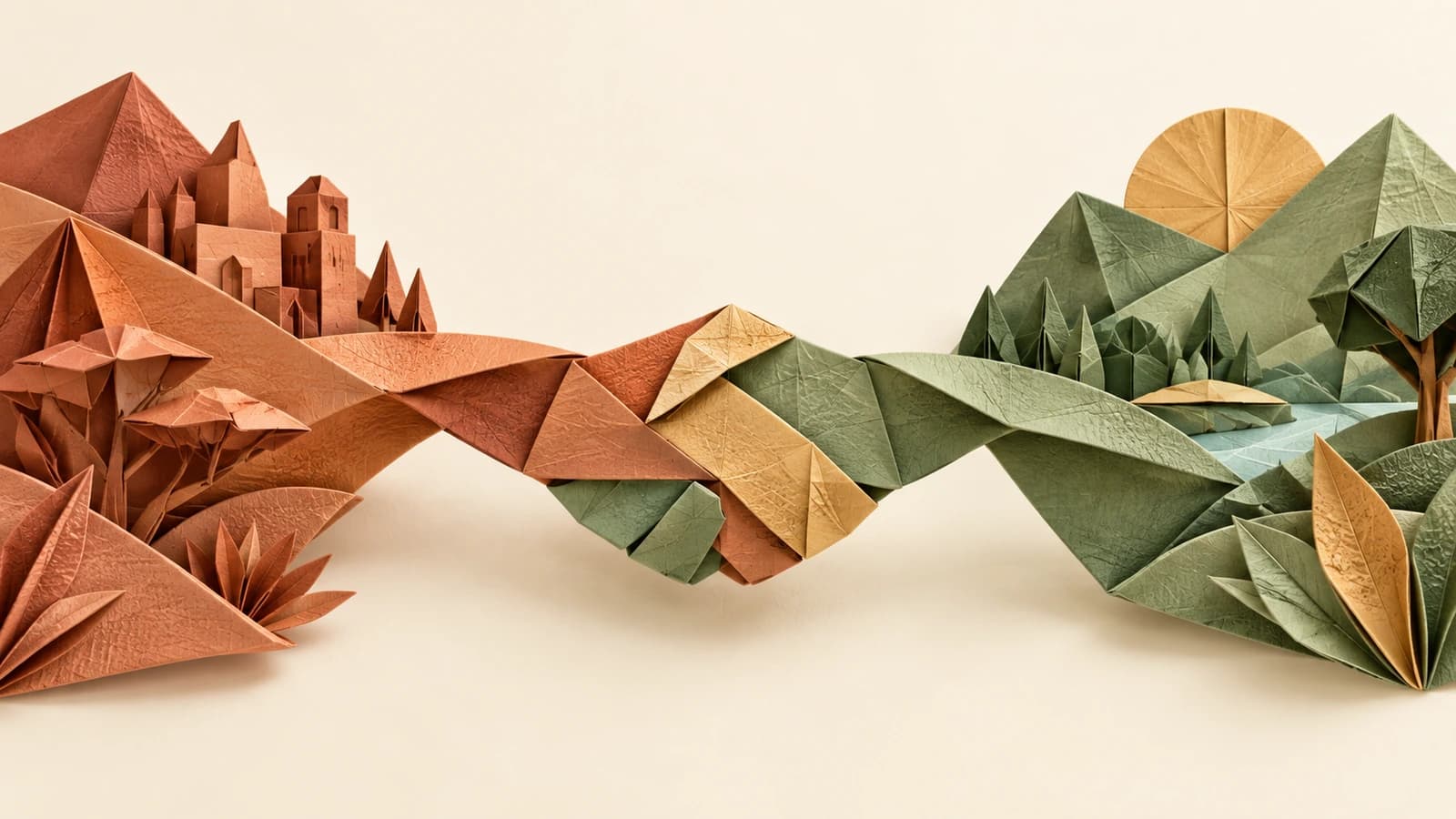 Two separate folded-paper landscapes on a warm cream ground — a terracotta domain with its own citadel on the left and a sage-green wooded domain on the right — reach toward each other and join into one continuous folded ridge across the gap between them, evoking two independent identity domains linked by a single trust relationship.