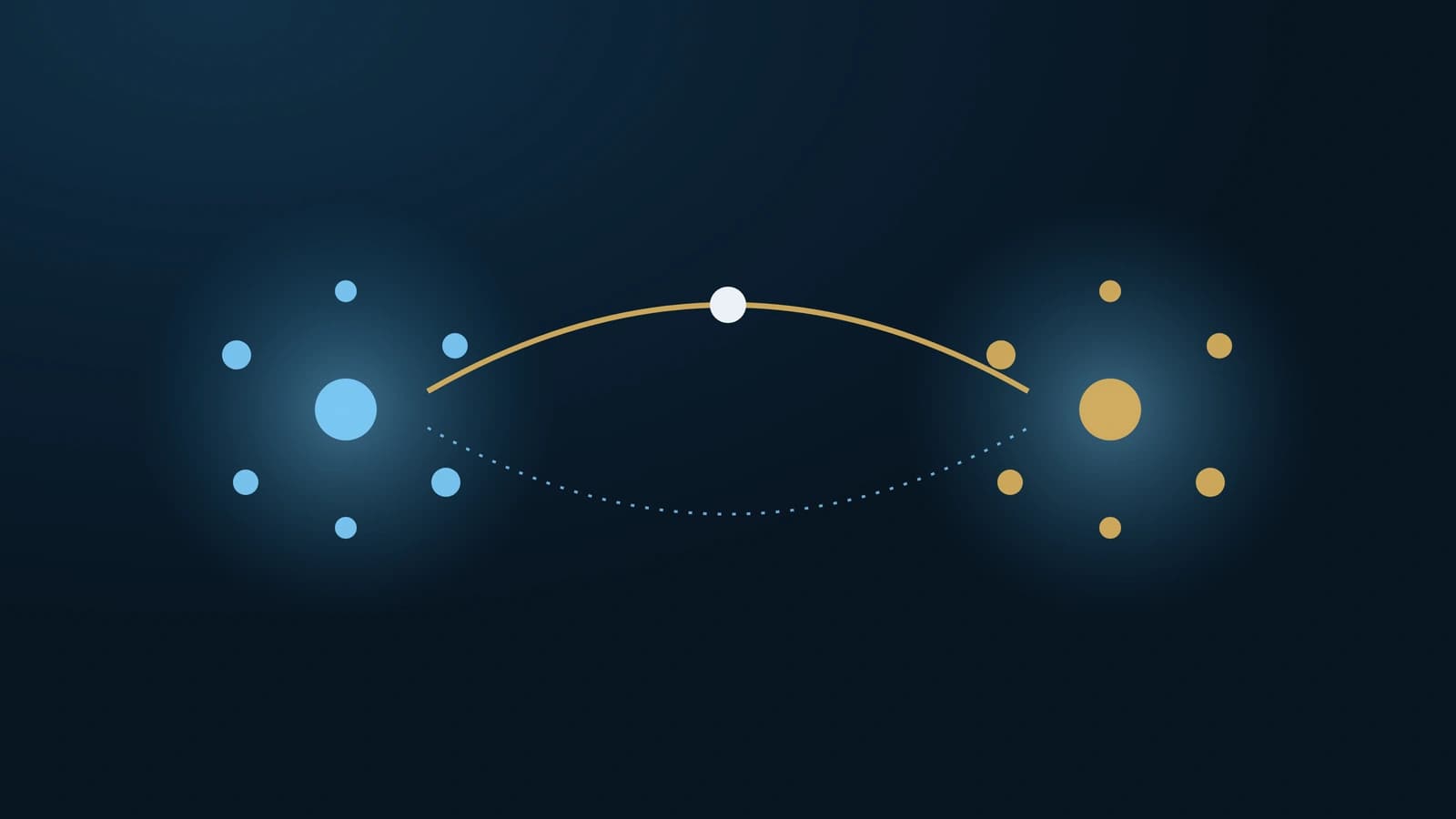 Two distinct enterprise domains rendered as separate glowing structures on a dark ground, each holding its own identity store, connected across the gap by a single luminous trust bridge; a lone identity token travels the bridge from one domain to the other and is accepted on the far side without a second login, while the domains stay visibly separate.
