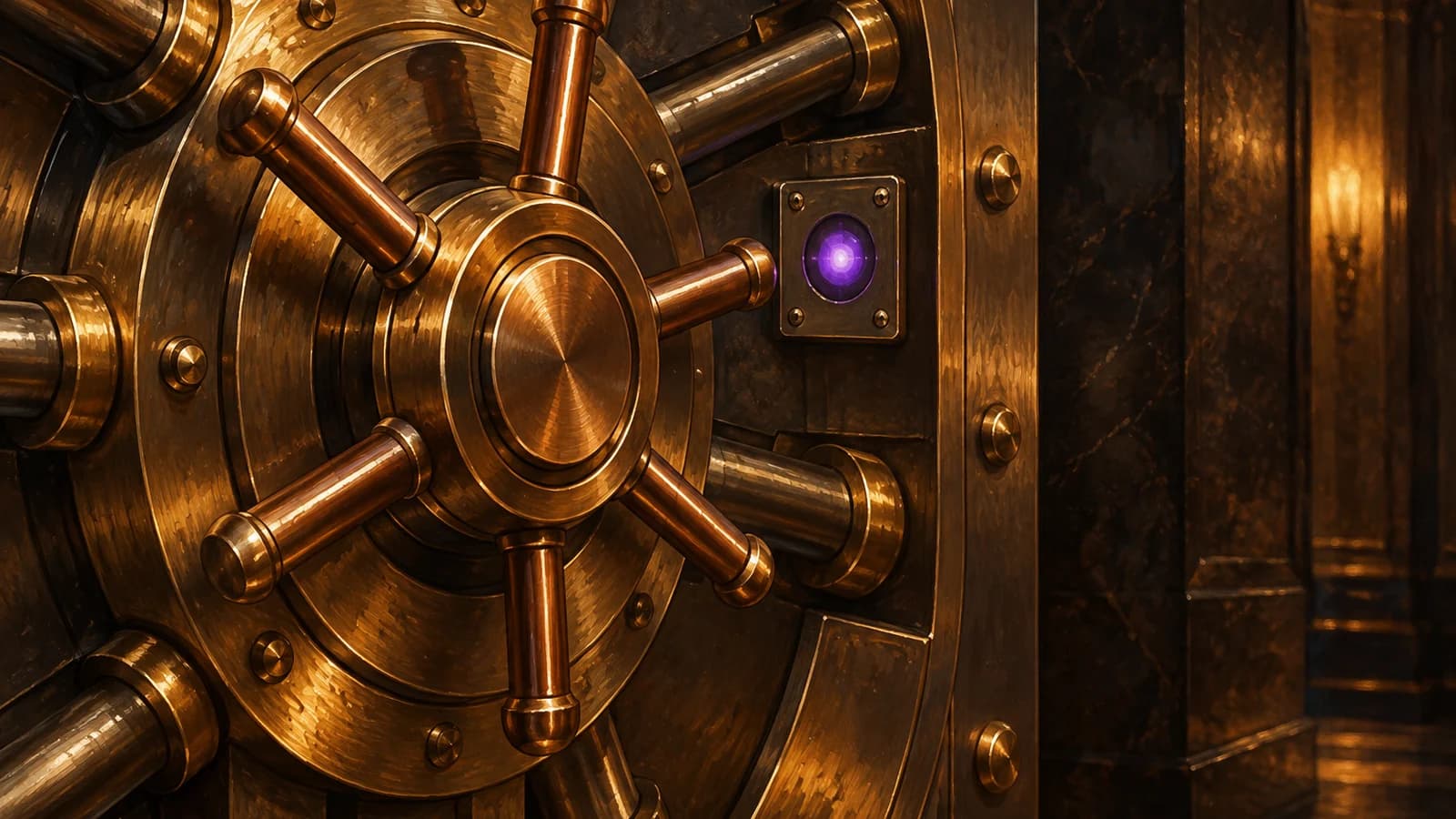 Painterly close-up of a bank vault door after hours: a copper and brass locking wheel with radial bolts fills most of the frame under warm amber lamplight on a brown-black wall, and a small verification panel beside it glows a single soft violet, suggesting access that opens only after identity is checked.