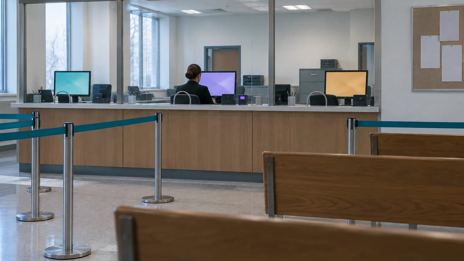 Photoreal early-morning view of a county clerk's office: three shared workstations with teal, violet and amber screens sit behind a glass partition on a wood-paneled service counter. One clerk, seen from behind, signs in at the middle screen beside a small violet light, while empty teal-rope stanchions, wooden benches and a corkboard of blank notices wait.