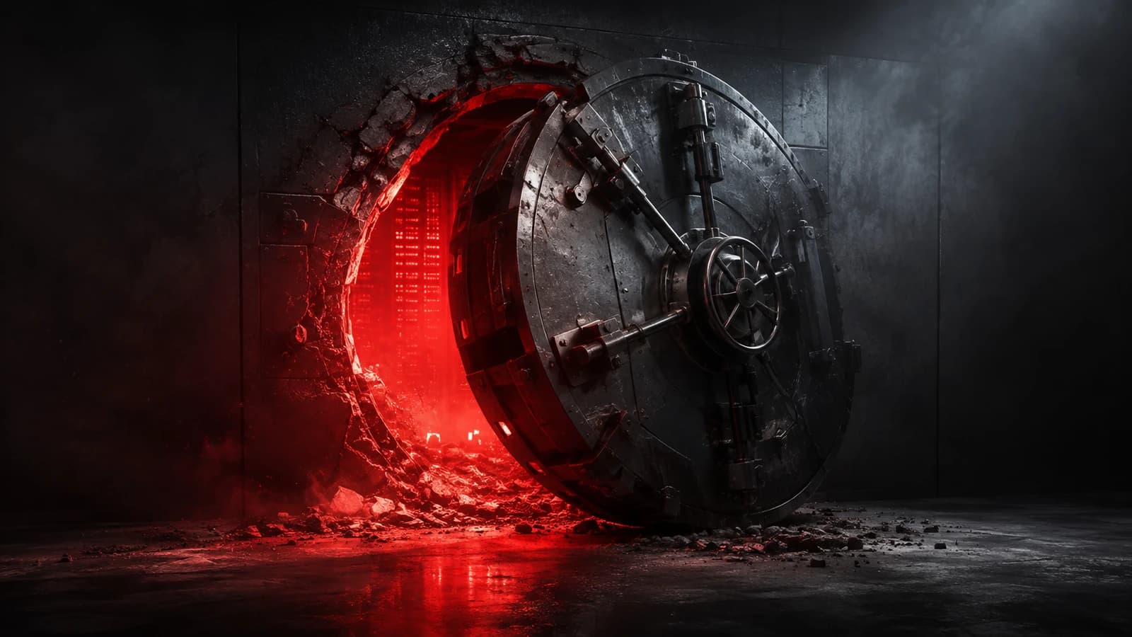 A cinematic crimson-and-charcoal render of a massive circular bank-vault door blown open, its steel edge scorched and cracked, with intense red light and smoke pouring through the breach into a dark concrete chamber, rubble scattered across the reflective floor — a visual metaphor for a major identity governance failure breaking open.