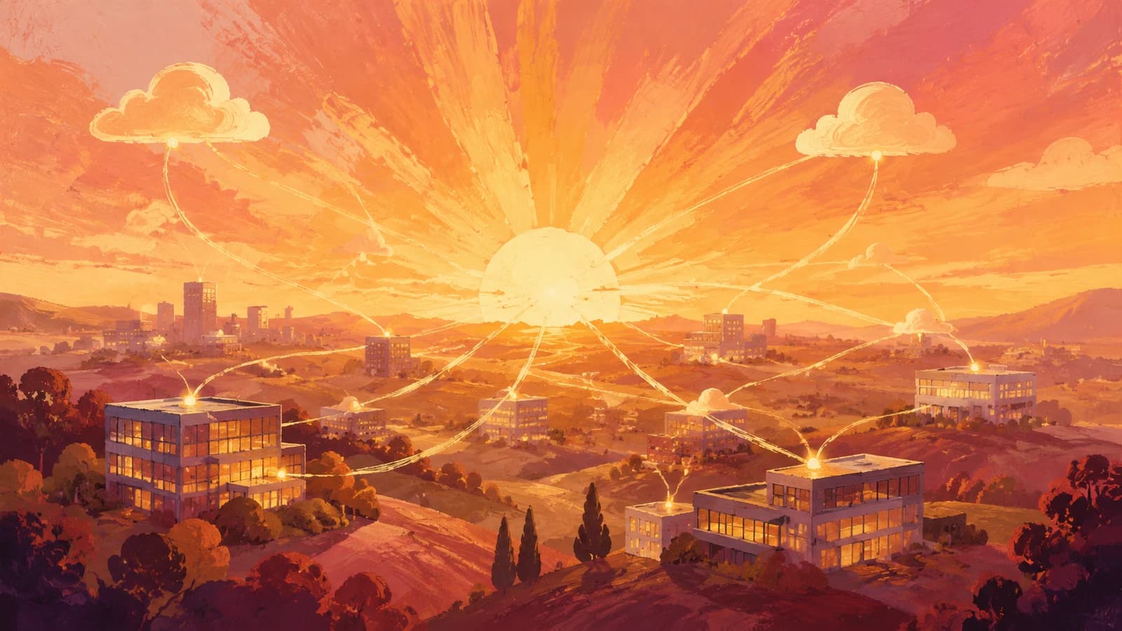 Painterly gouache sunrise over an enterprise landscape — a rising sun casts warm light that connects scattered office buildings and drifting clouds into a single illuminated network of paths, suggesting identity as the layer that ties disparate systems into one coherent, lit whole as digital transformation dawns, no readable text.