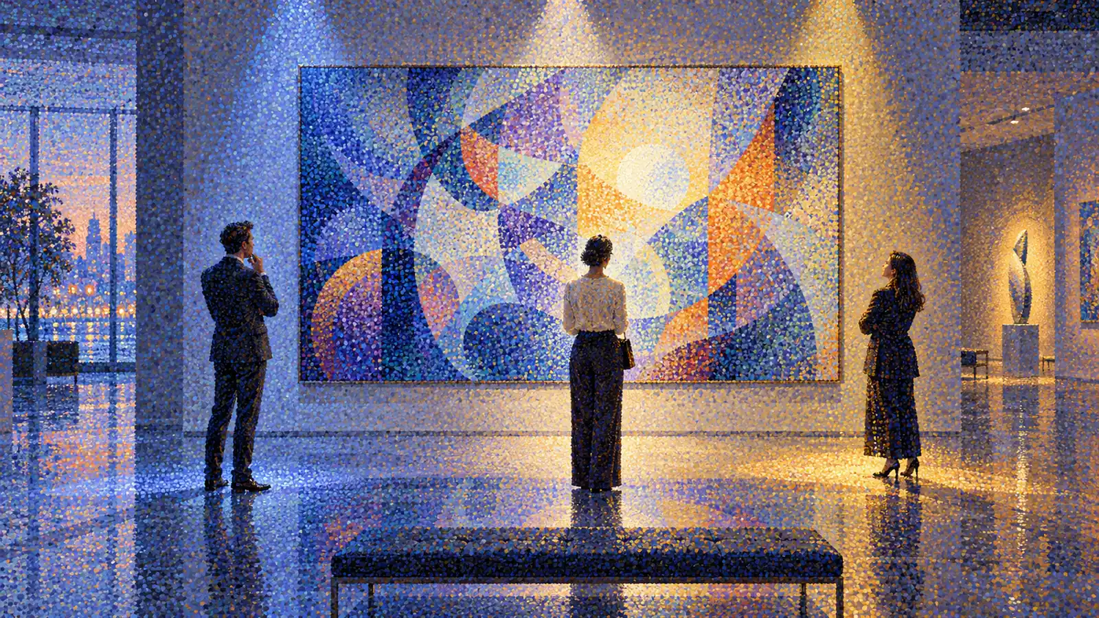 A pointillist painting in cool blues, violets, and soft silver with warm highlights, with no text. Three professionals stand at different angles in a quiet modern gallery before one large luminous abstract painting, each lit by a different pool of light, suggesting three executives reading the same evidence from different vantage points.