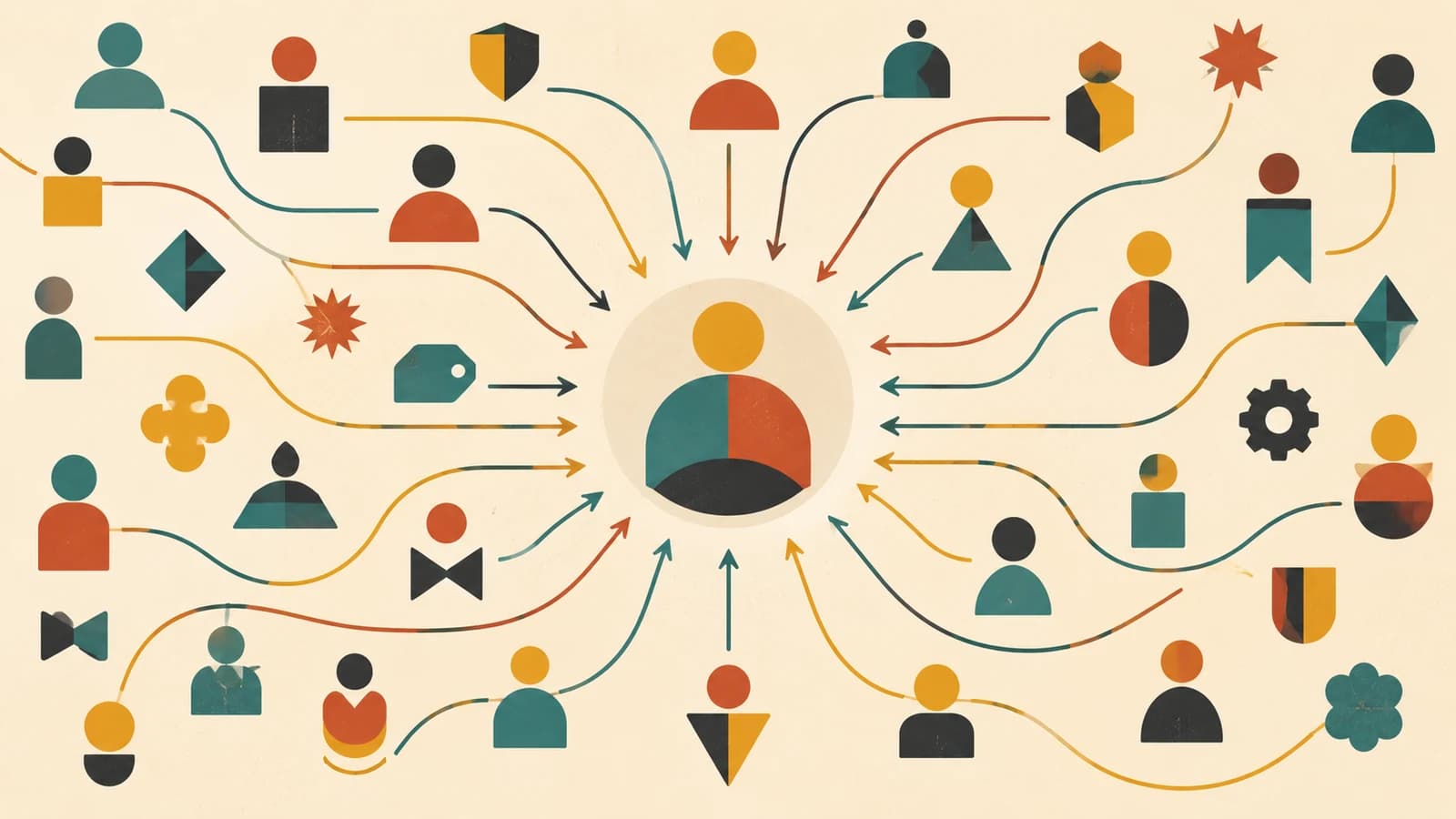 Identity sprawl and consolidation 2026 — a mid-century-modern flat-geometric composition in mustard, teal, and rust showing dozens of scattered identity fragments (account tiles, directory nodes, orphaned-account rings) drifting apart on the left, then drawn through a funnel of consolidation stages into a single unified identity core on the right.
